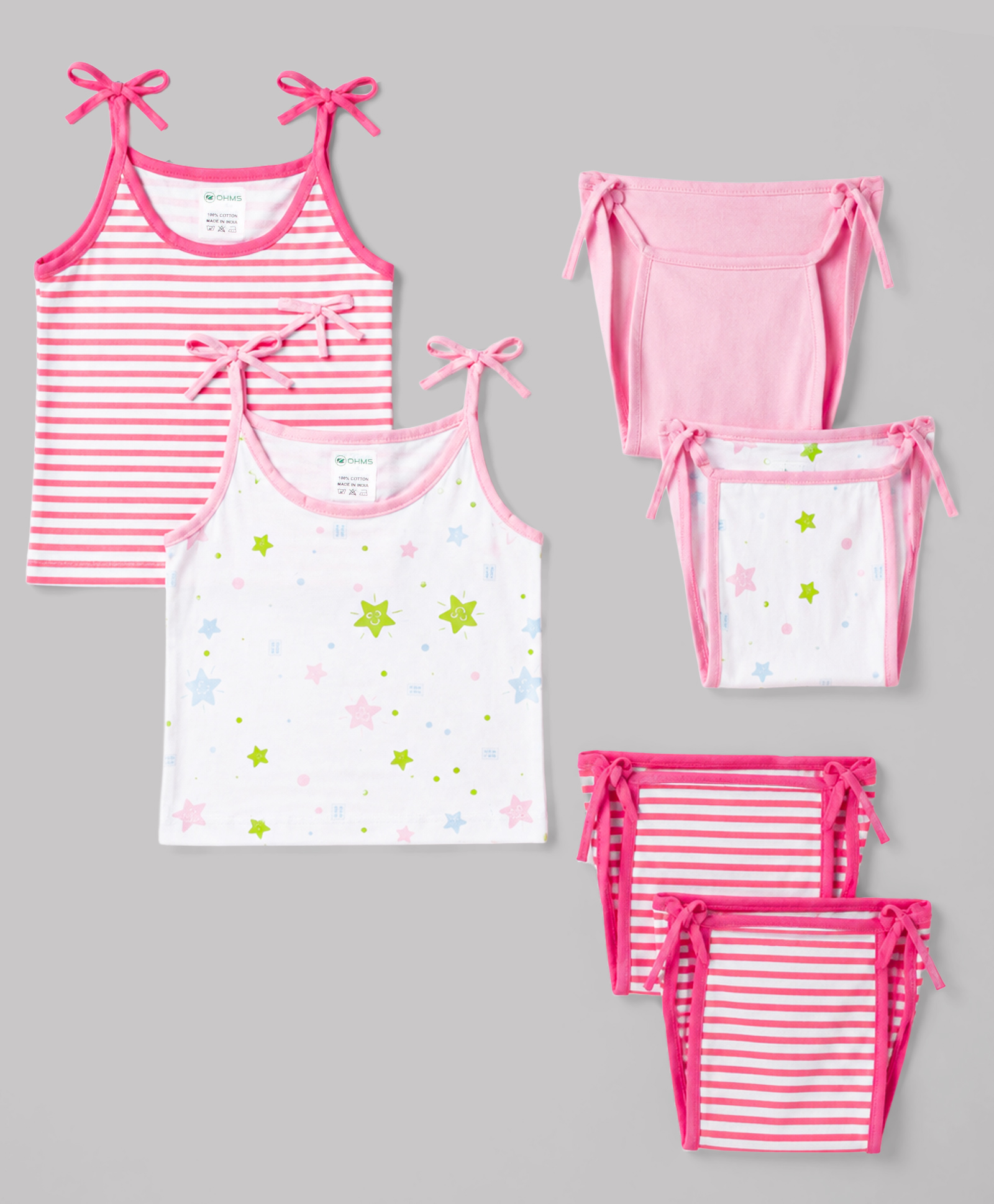 OHMS Single Jersey Knit Sleeveless Striped & Star Printed Slips Pack Of 2 & Briefs Pack Of 4 - Pink & White-picture-12