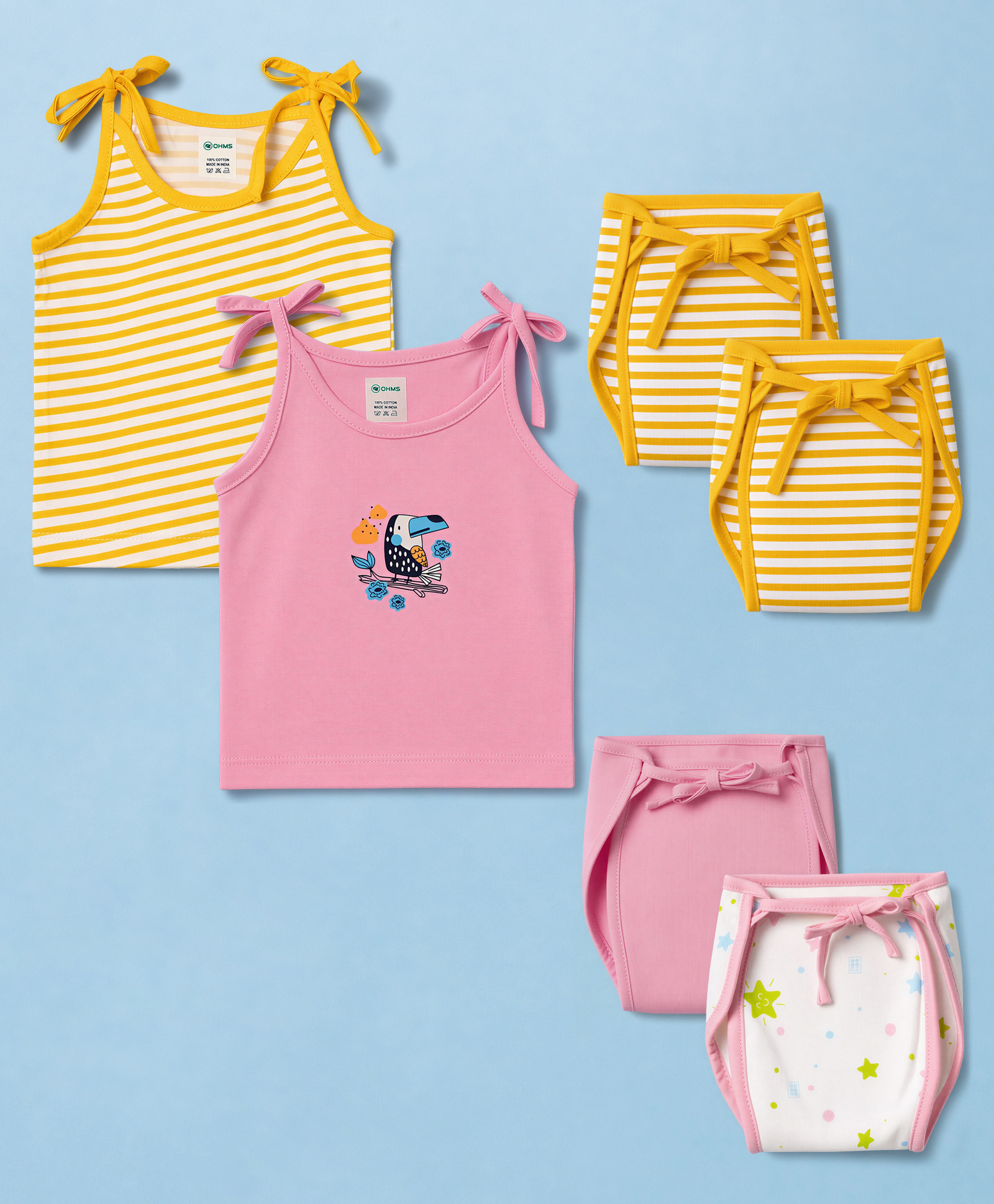OHMS Single Jersey Knit Sleeveless Striped & Birds Printed Slips Pack Of 2 & Briefs Pack Of 4 - Pink & Yellow-image-46