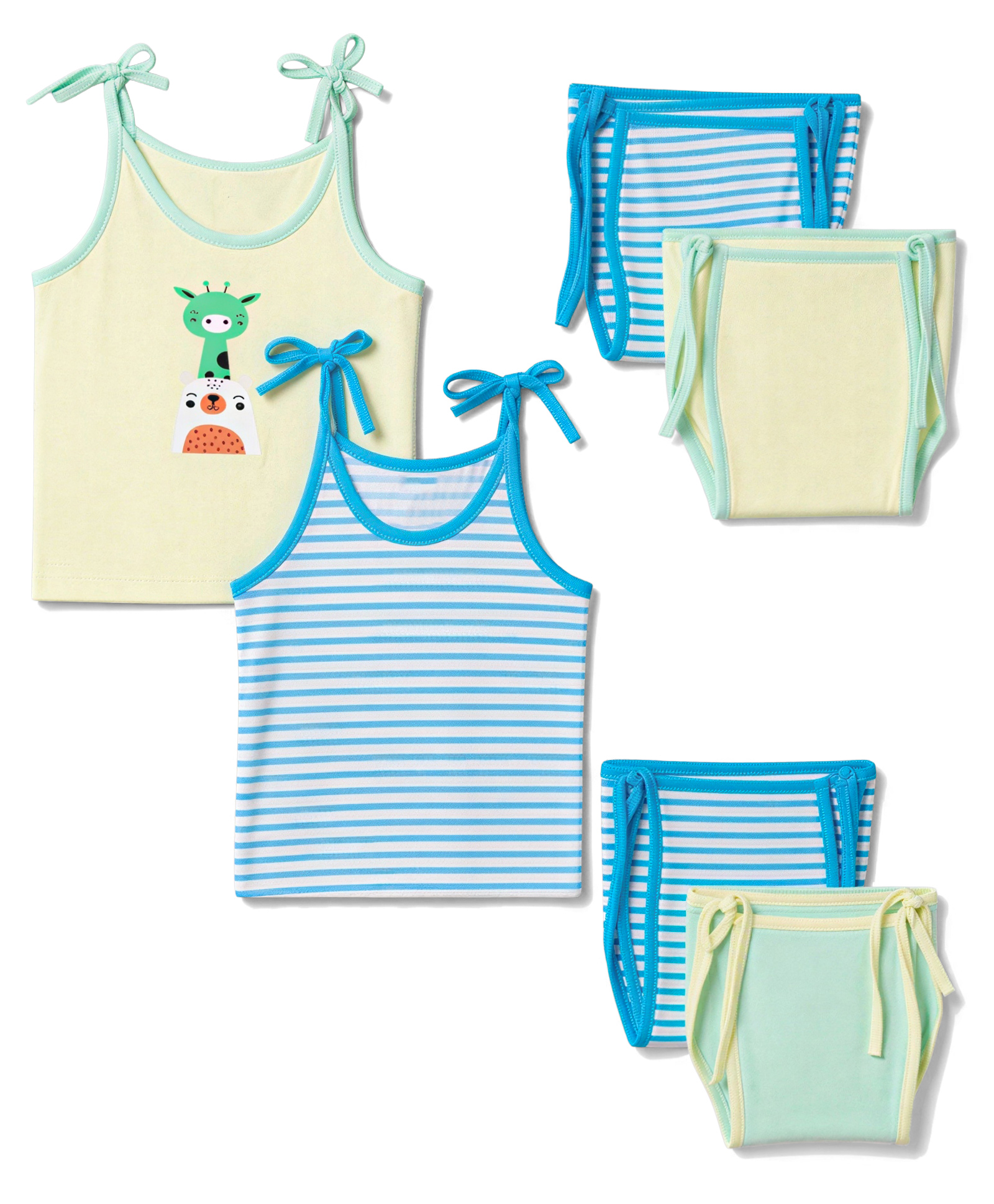 OHMS Single Jersey Knit Sleeveless Striped & Animal Printed Slips Pack Of 2 & Briefs Pack Of 4 - Blue & Yellow-picture-28