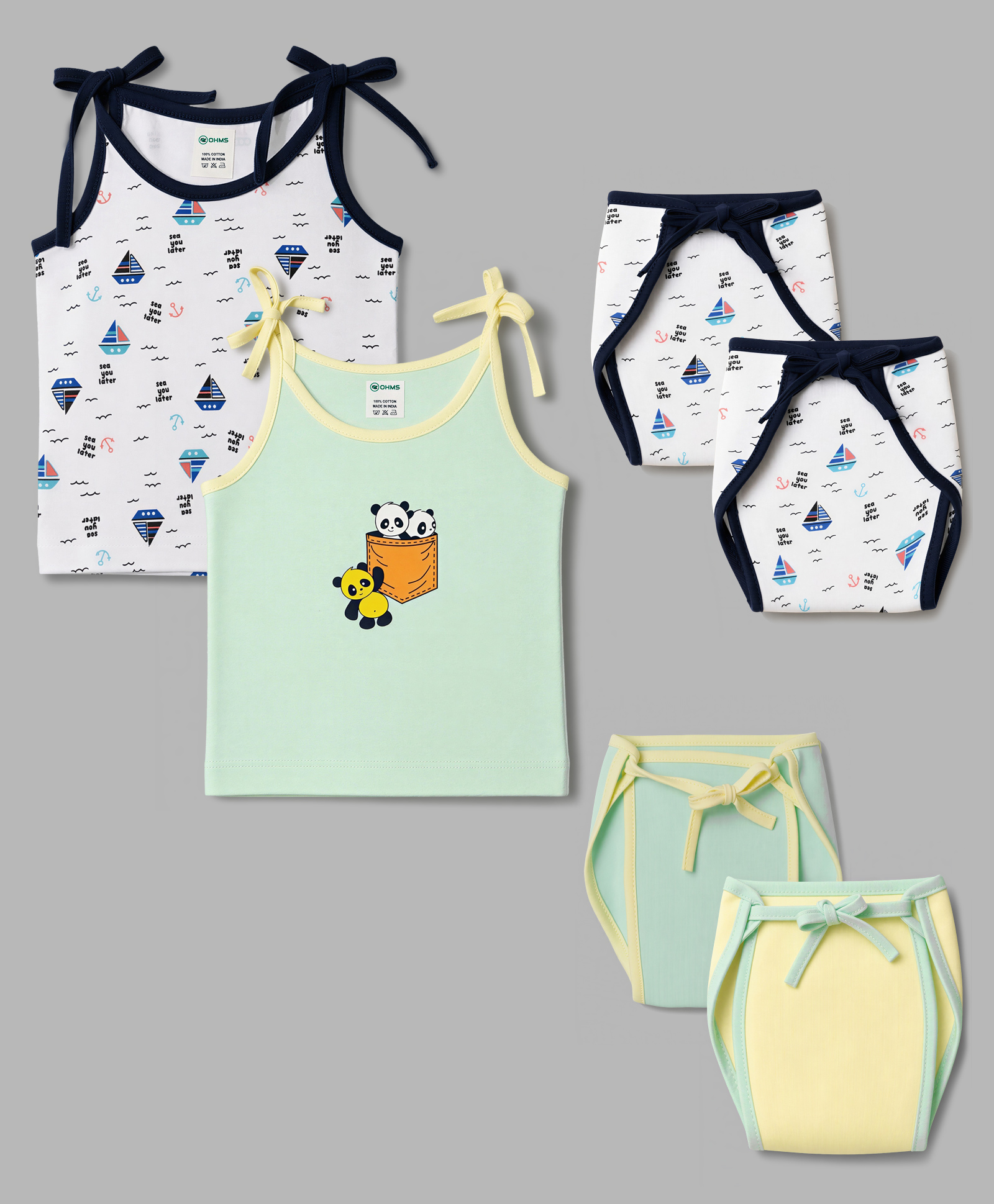OHMS Single Jersey Knit Sleeveless Nautical Theme & Panda Printed Slips Pack Of 2 & Briefs Pack Of 4 - White & Light Green-image-2