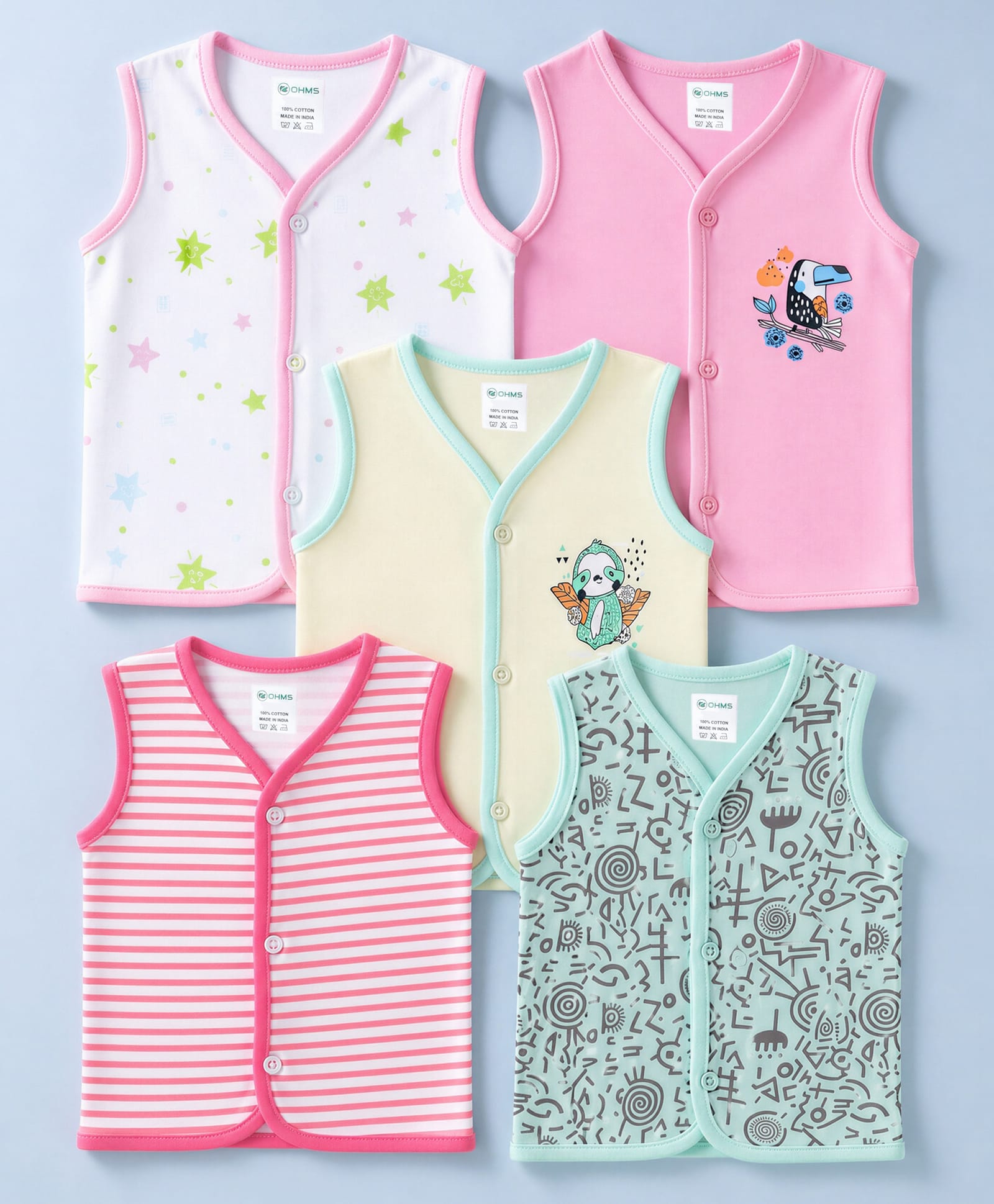 OHMS Single Jersey Knit Sleeveless Striped Jhablas with Birds Print Pack of 5 - White & Pink-picture-23