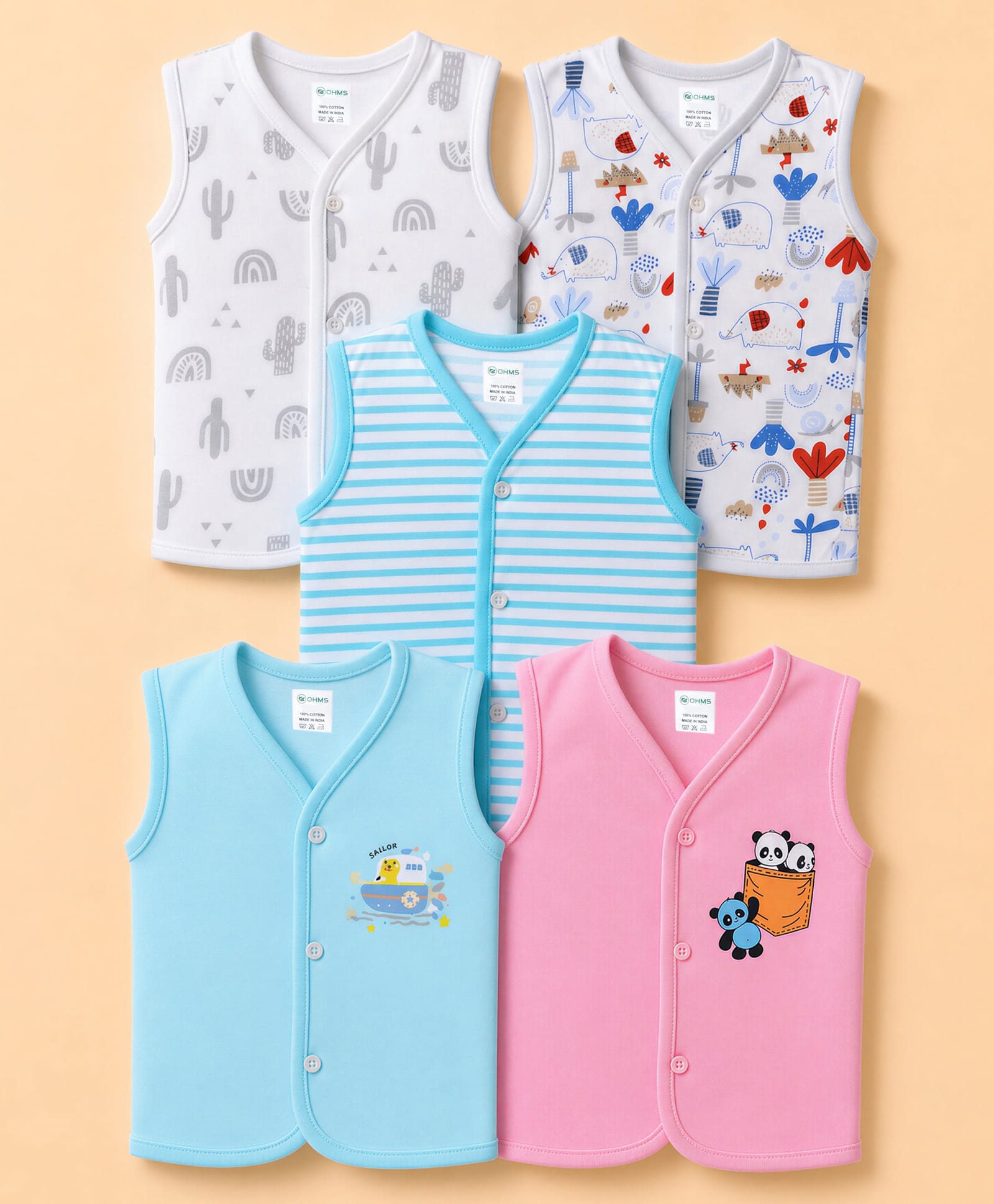 OHMS Single Jersey Knit Sleeveless Striped Jhablas with Unicorn & Animals Print Pack of 5 - White Blue & Pink-picture-18