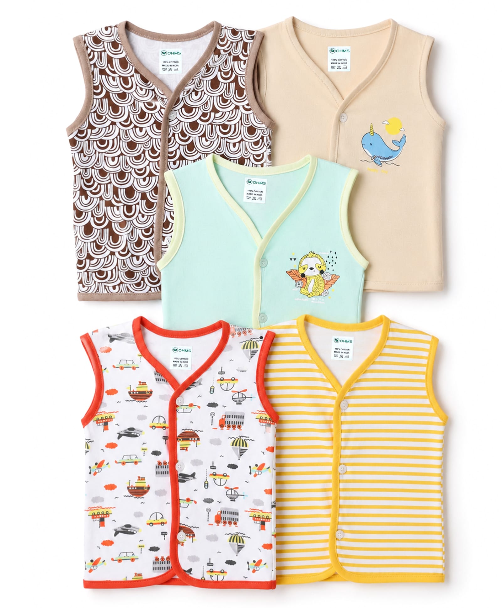 OHMS Single Jersey Knit Sleeveless Striped Jhablas with Boat & Whale Print Pack of 5- White Blue & Yellow-image-37