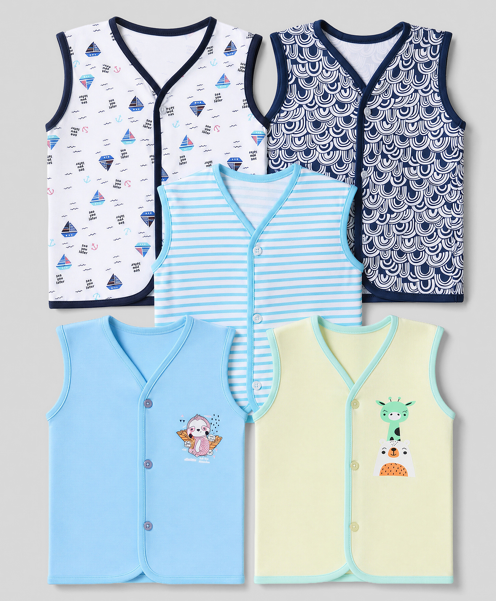OHMS Single Jersey Knit Sleeveless Striped Jhablas with Boat & Animals Print Pack of 5 - White & Blue-picture-28