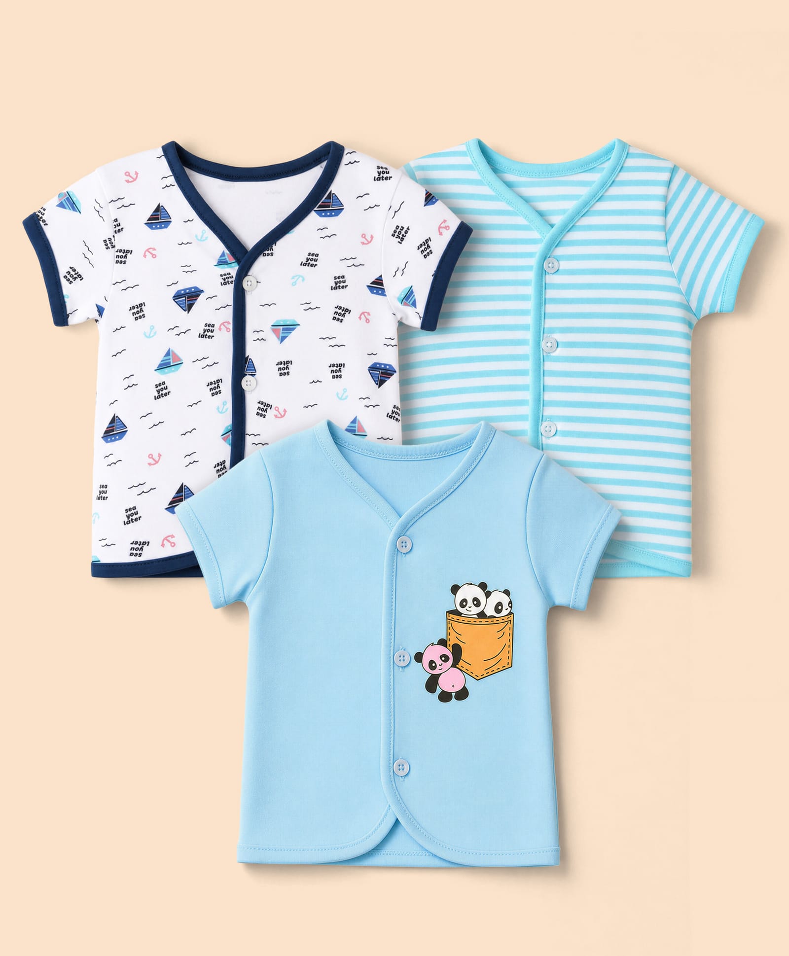 OHMS Single Jersey Knit Half Sleeves Striped Jhablas With Nautical & Panda Print Pack of 3 - Light Blue, Blue & White-picture-20