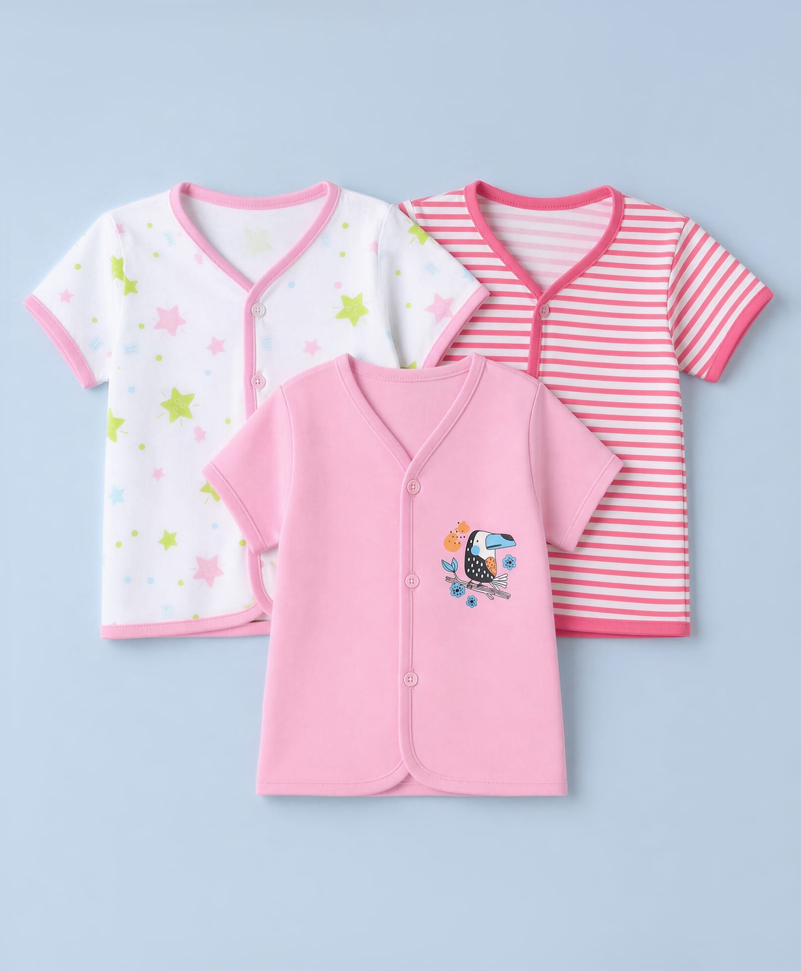 OHMS Single Jersey Knit Half Sleeves Striped Jhablas With Star & Bird Print Pack of 3 - Light Pink, Pink & White-image-47