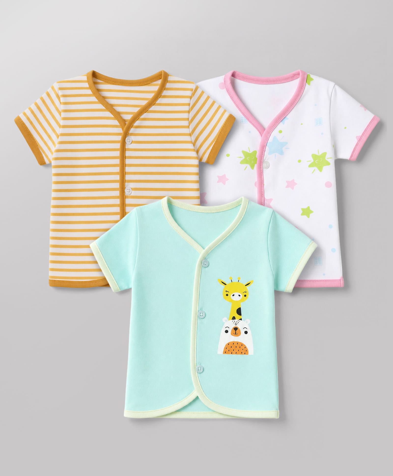 OHMS Single Jersey Knit Half Sleeves Striped Jhablas With Star & Giraffe Print Pack of 3 - White, Yellow & Light Blue-image-45