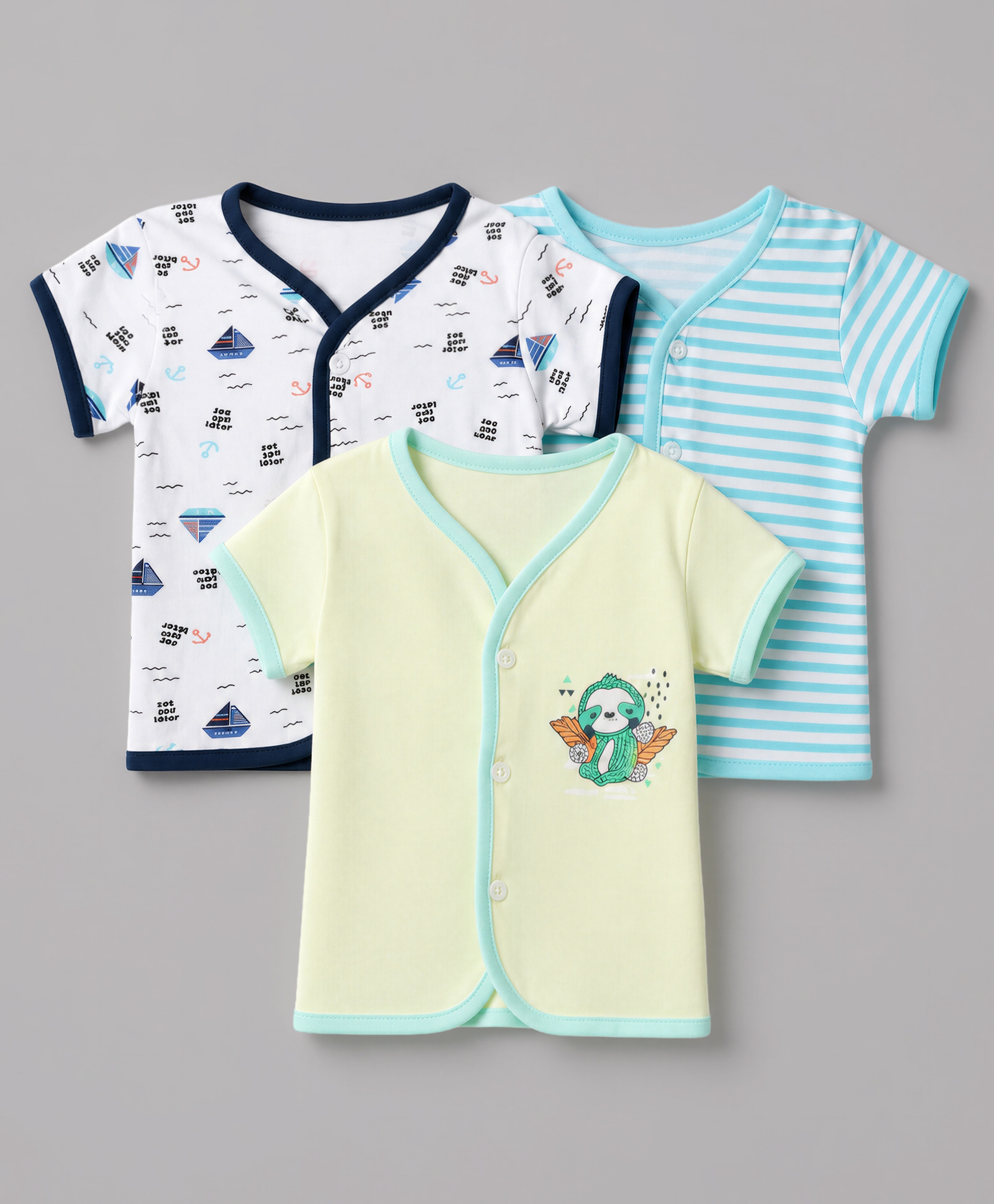 OHMS Single Jersey Knit Half Sleeves Striped Jhablas With Nautical & Bird Print Pack of 3 - Light Green, Aqua Blue & White-image-22