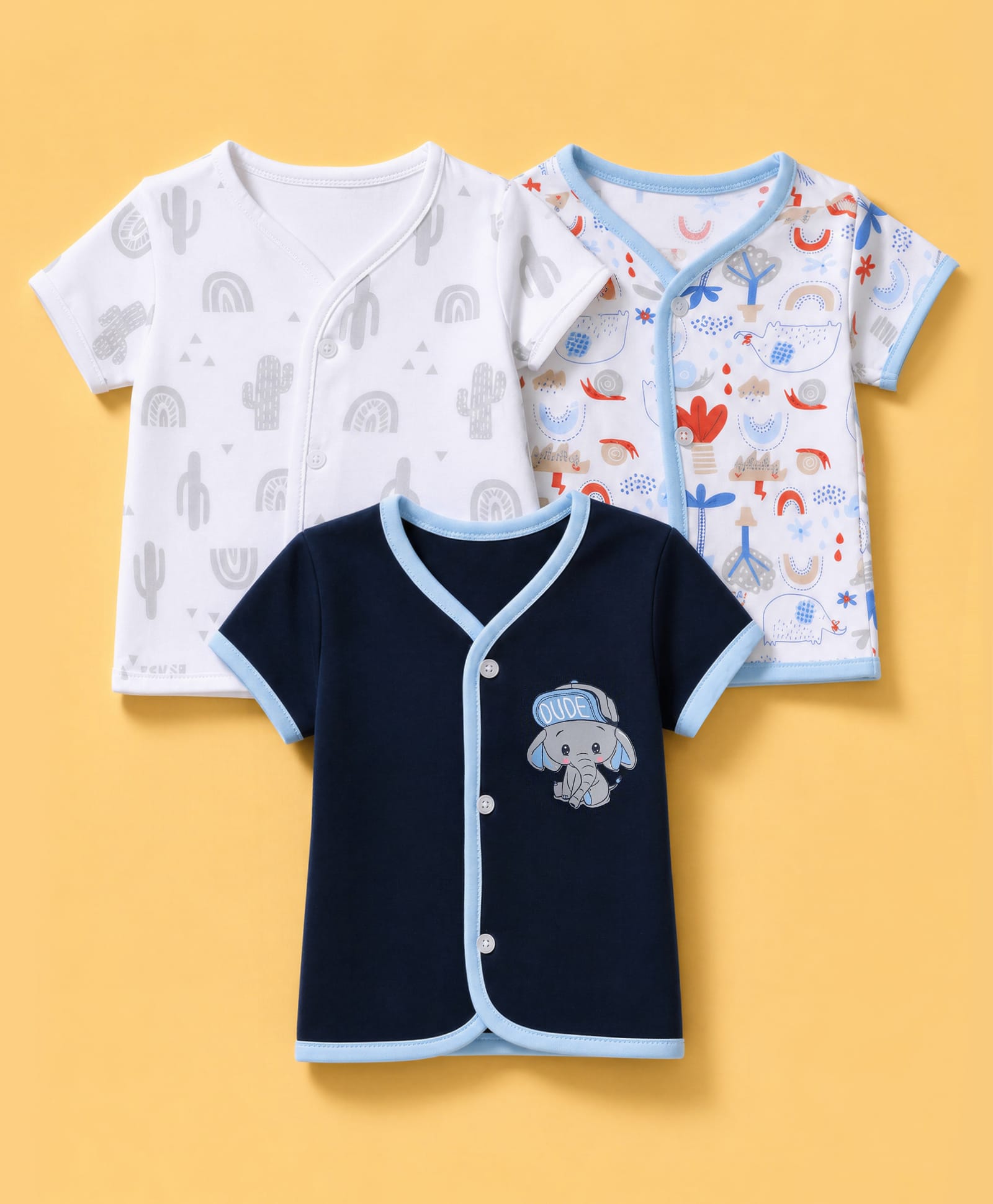 OHMS Single Jersey Knit Half Sleeves Jhablas With Elephant & Rainbow Print Pack of 3 - White, Black & Light Blue-image-40