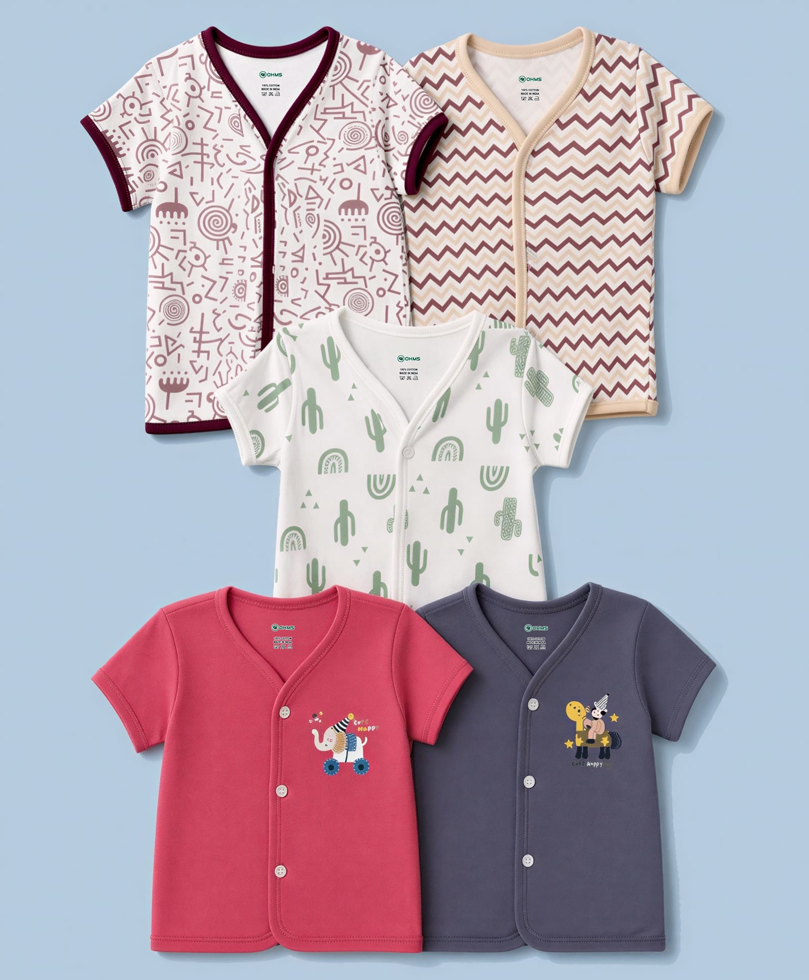 OHMS Single Jersey Knit Half Sleeves Animal Printed Jhablas Pack Of 3 - Red Navy Blue & Cream-picture-25