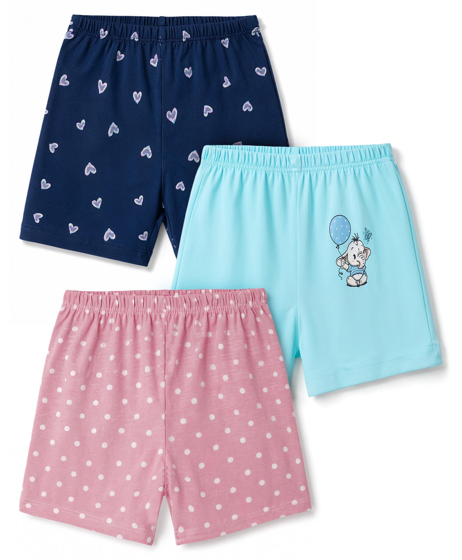 OHMS Single Jersey Knit Knee Length Polka Dots Animal & Hearts Printed Shorts Pack Of 3 - Navy & Aqua Blue & Lilac-picture-22