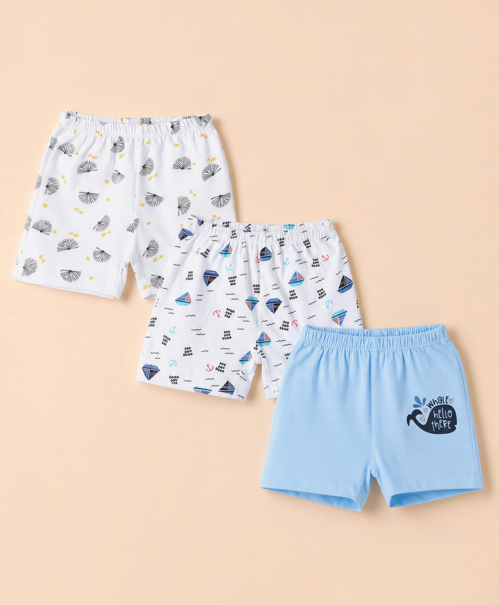 OHMS Single Jersey Knit Knee Length Shorts with Boat & Whale Print Pack Of 3 - White-picture-18