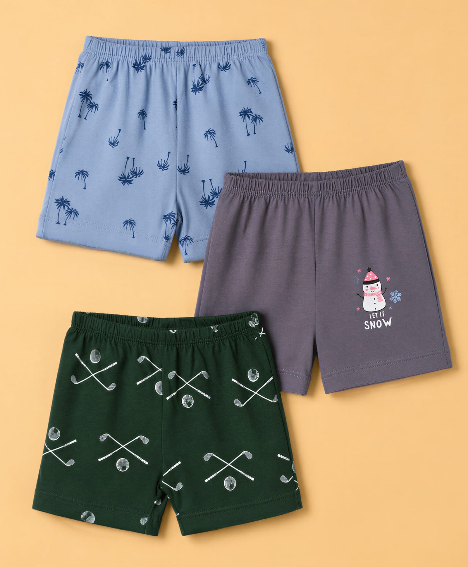 OHMS Single Jersey Knit Knee Length Palm Tree & Snowman Printed Shorts Pack Of 3 - Green Blue & Charcoal Grey-picture-20