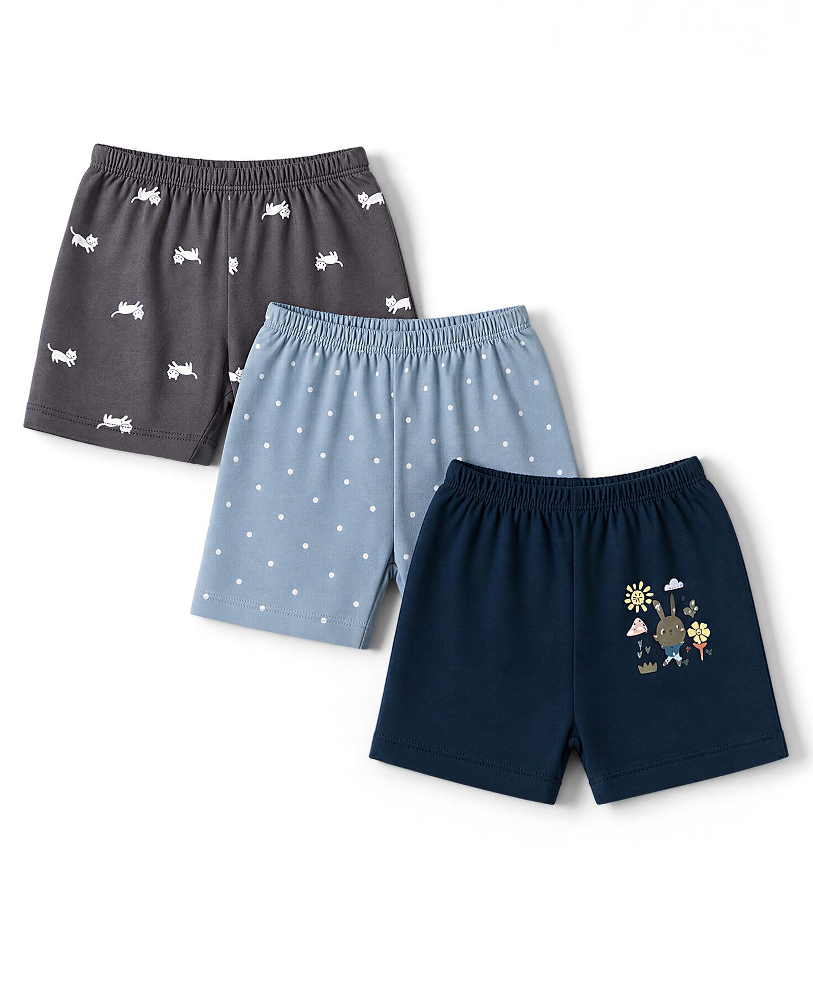OHMS Single Jersey Knit Knee Length Polka Dots Kitty & Bunny Printed Shorts Pack Of 3 - Charcoal Grey Navy & Light Blue-picture-11