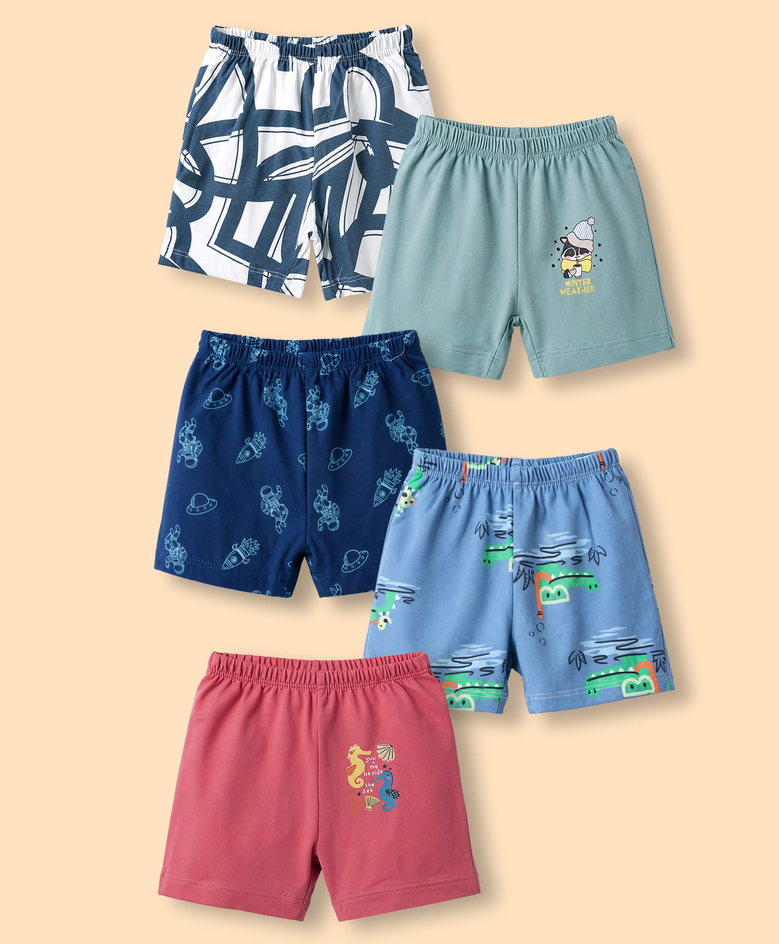 OHMS Single Jersey Knit Knee Length Sea Life Space Theme & Animals Printed Shorts Pack Of 5 - Navy Blue Red & Light Green-picture-18