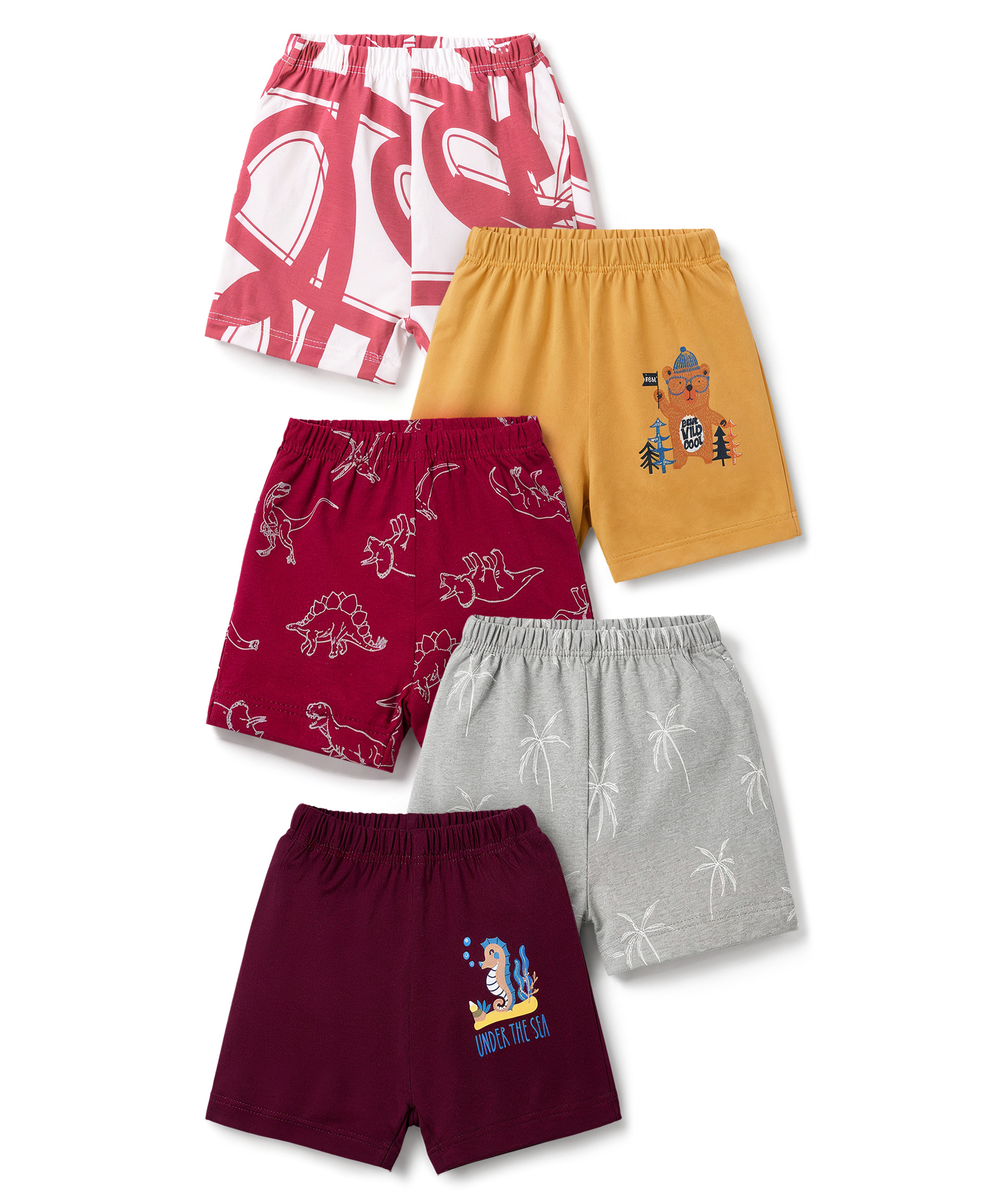 OHMS Single Jersey Knit Knee Length Dino Sea Life & Palm Tree Printed Shorts Pack Of 5 - Red Grey & Mustard-picture-23