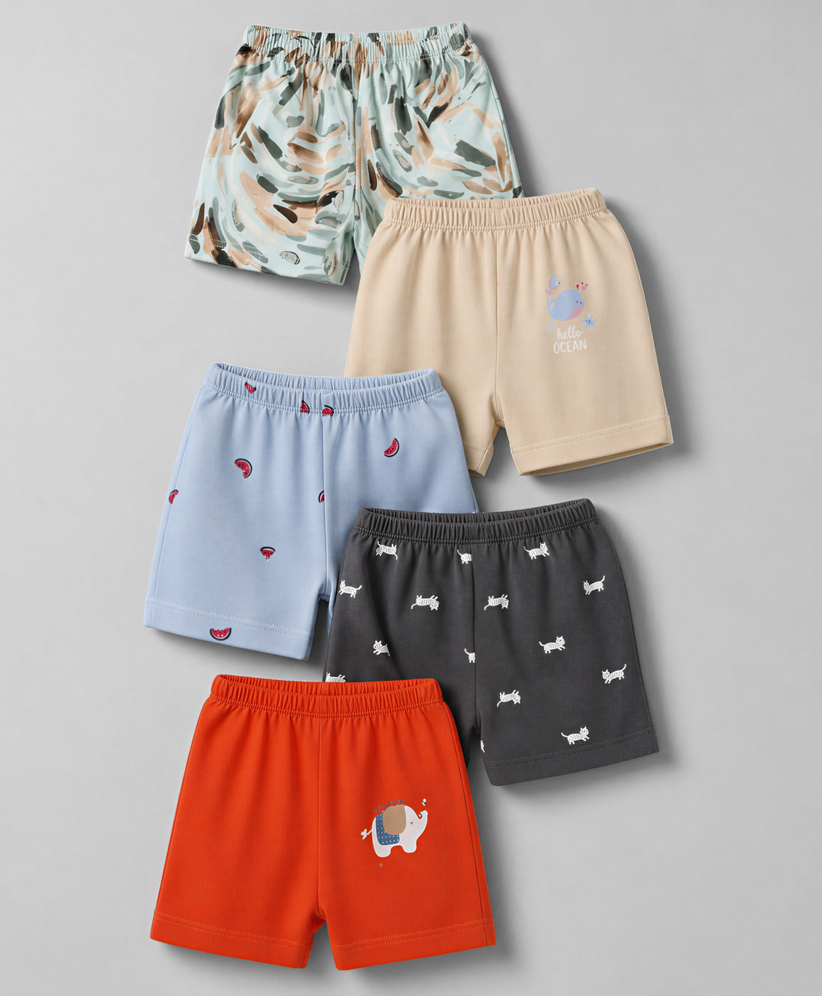 OHMS Single Jersey Knee Length Kitty Sea Life & Tropical Theme Printed Shorts Pack Of 5 - Red Light Blue & Beige-picture-27