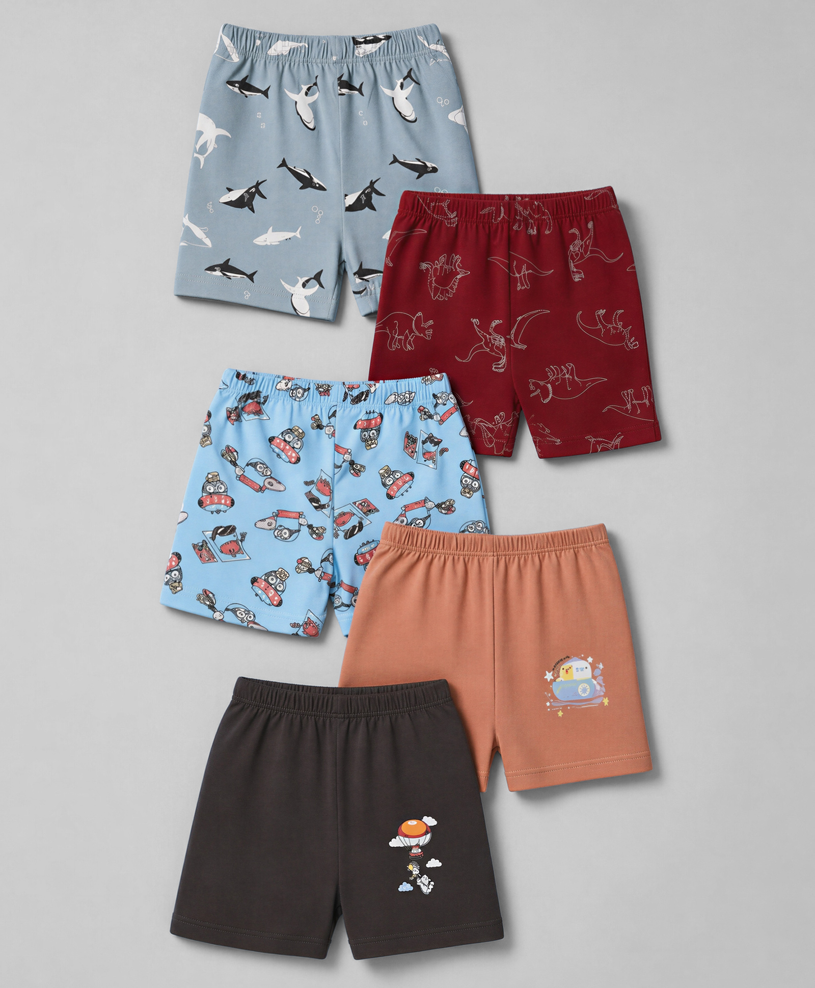 OHMS Single Jersey Knit Knee Length Sea Life & Dino Printed Shorts Pack Of 5 - Light Blue Maroon & Peach-picture-15