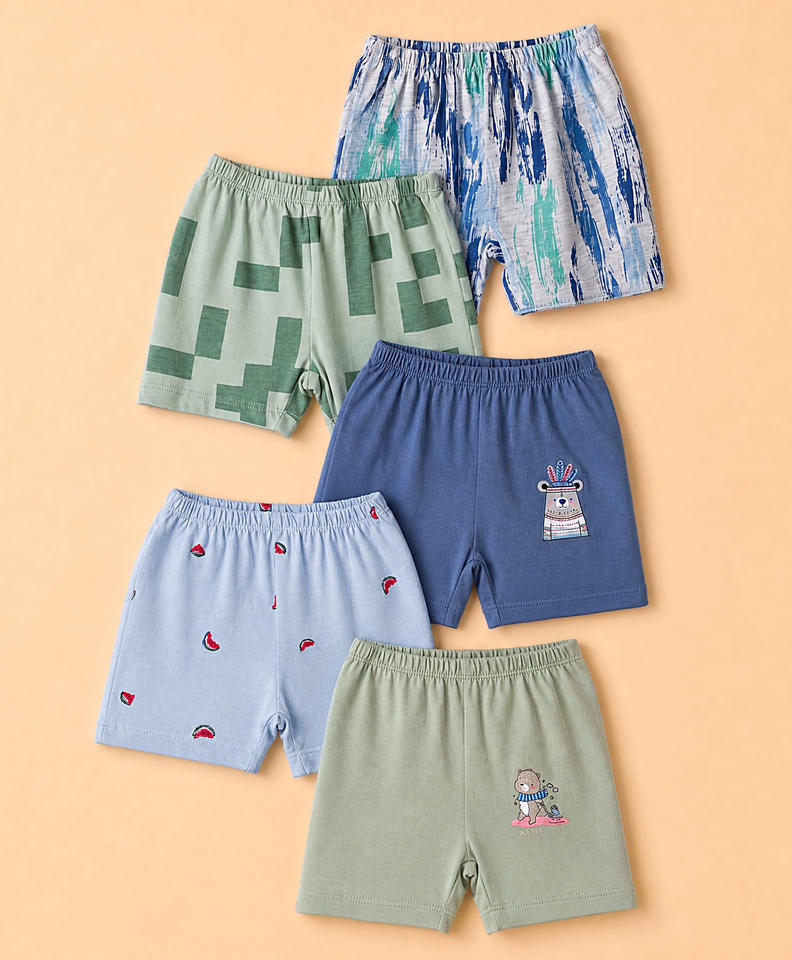 OHMS Single Jersey Knit Knee Length Tropical Theme & Bear Printed Shorts Pack Of 5 - Light Blue & Green-image-7