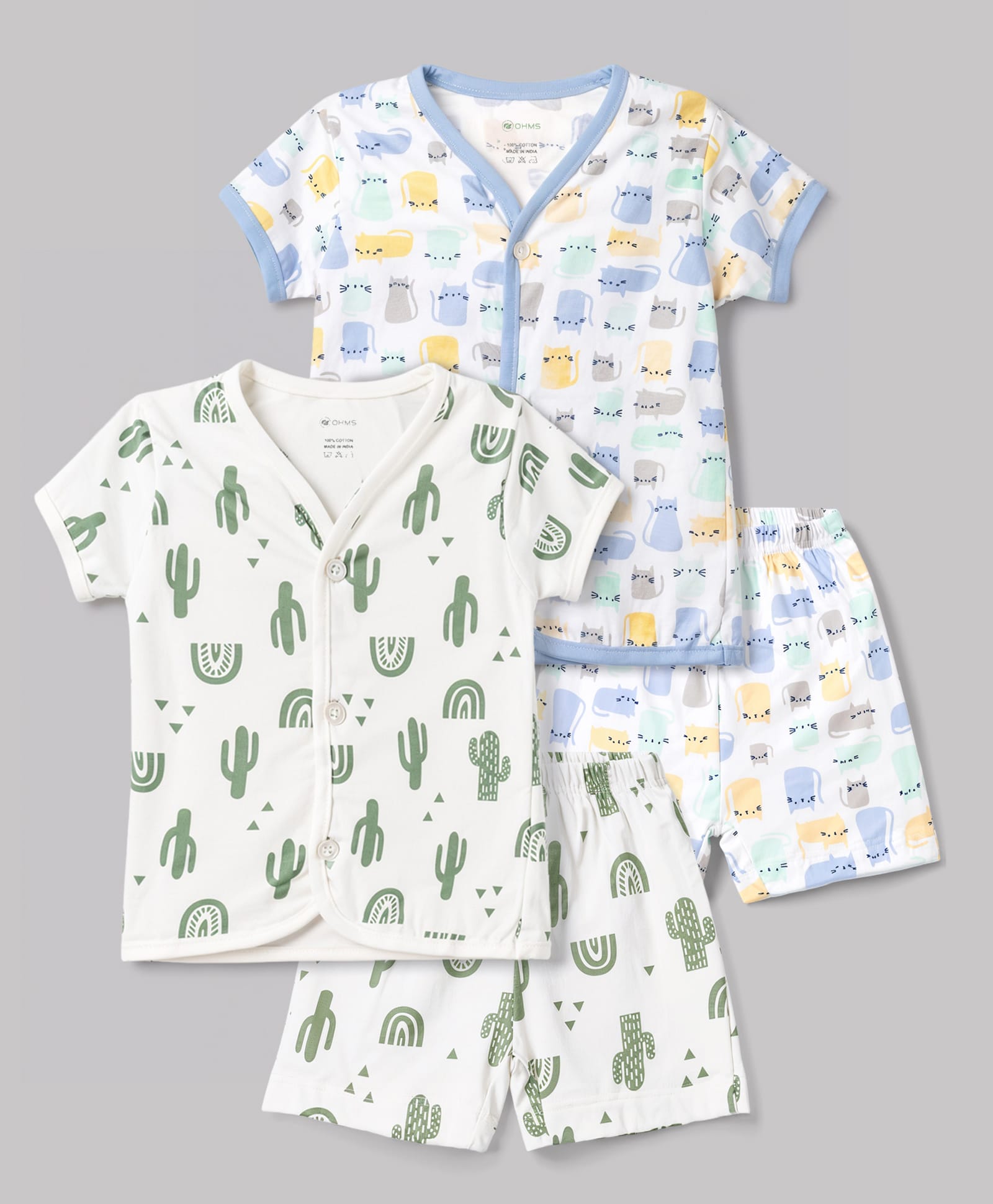 OHMS Single Jersey Knit Half Sleeves Kitty Printed Co-Ords T-Shirt & Shorts Night Suit Pack Of 2 - Light Blue & Green-image-48