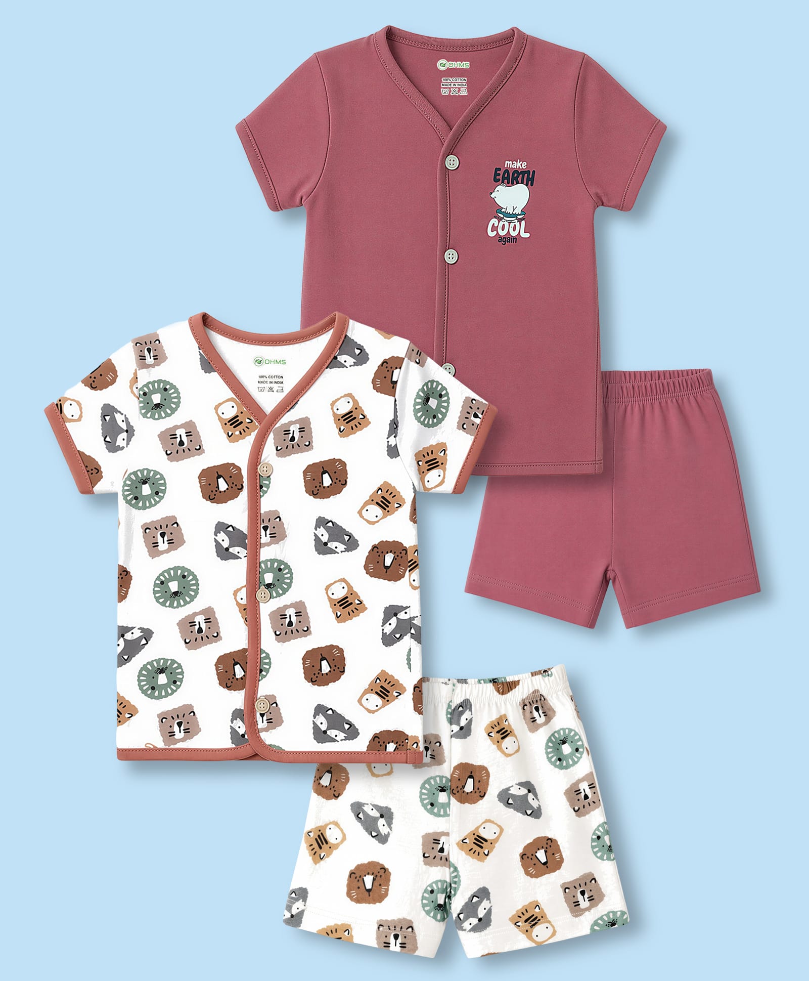OHMS Single Jersey Knit Half Sleeves Animal Printed Co-Ords T-Shirt & Shorts Night Suits Pack of 2 - Rose Gold & Cream-picture-33