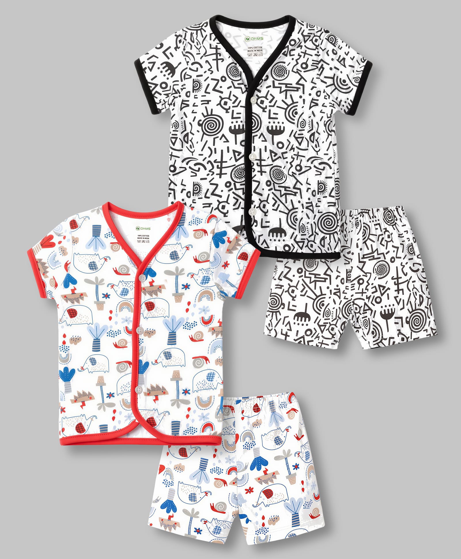 OHMS Single Jersey Knit Half Sleeves Animal Printed Co-Ords T-Shirt & Shorts Night Suits Pack Of 2 - Black & Red-image-16