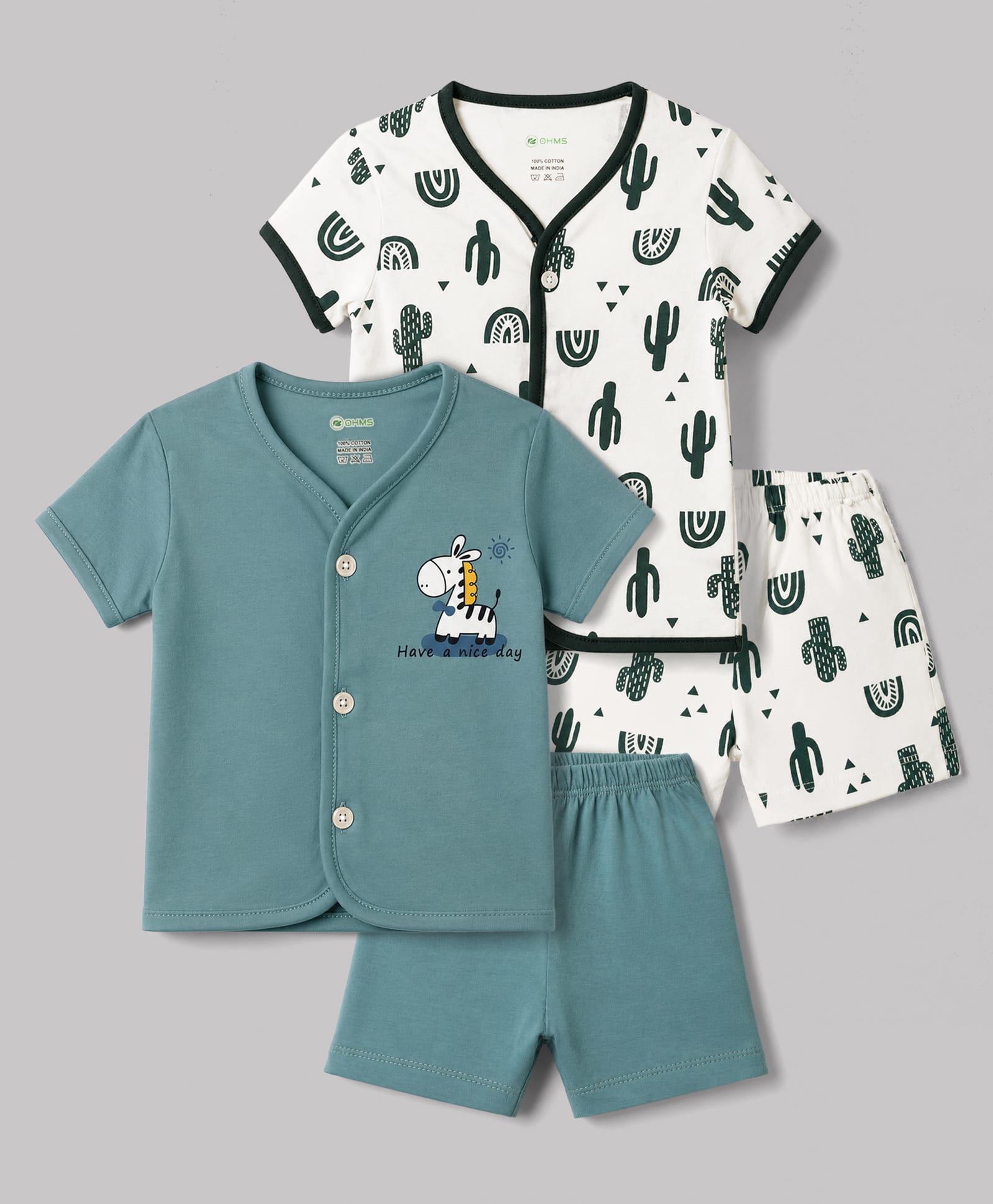 OHMS Single Jersey Knit Half Sleeves Zebra Printed Co-Ords T-Shirt & Shorts Night Suit Pack Of 2 - Teal Blue & White-image-27