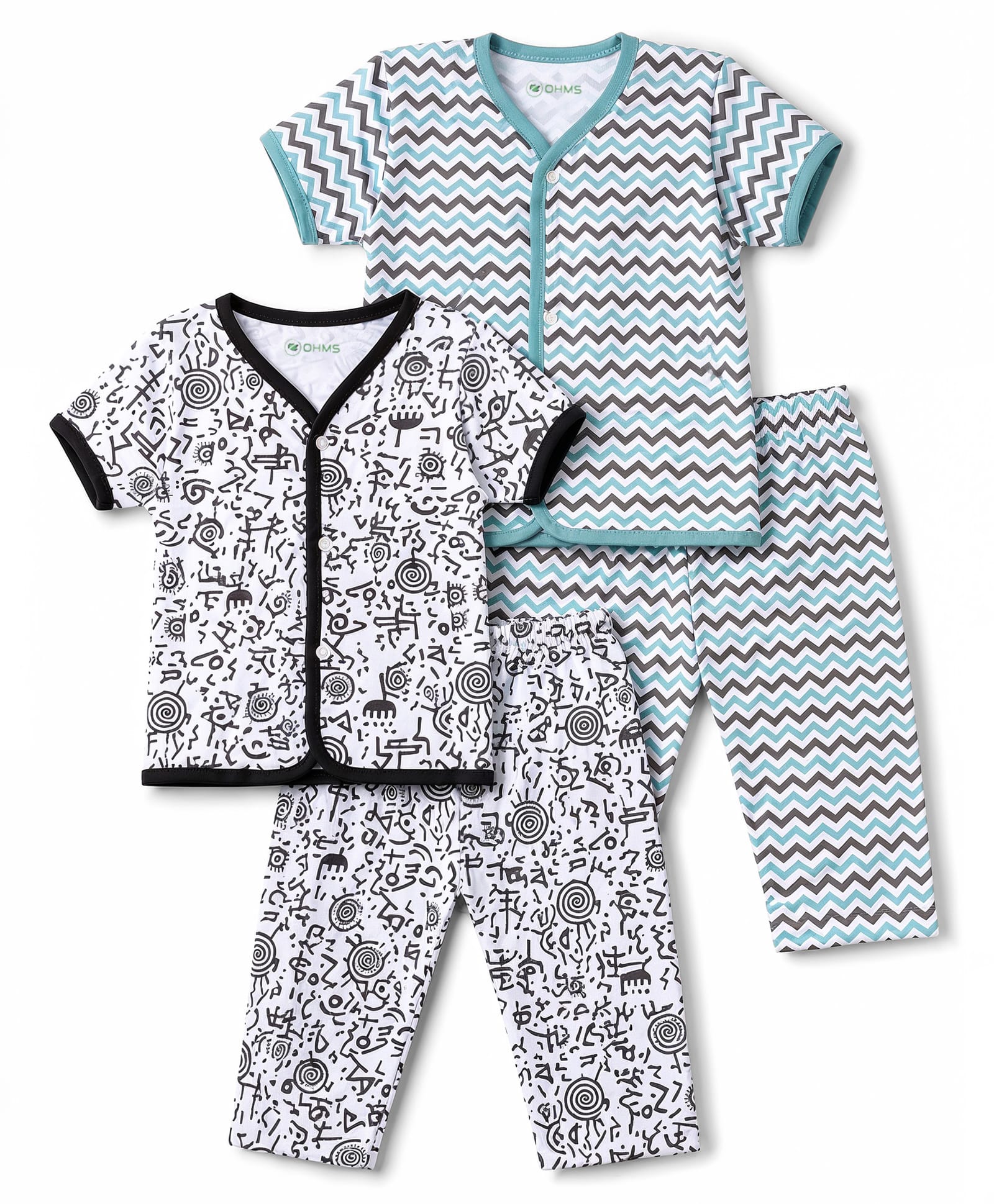 OHMS Single Jersey Knit Half Sleeves Abstract & Zig Zag Printed Co-Ords T-shirt & Pyjama Night Suits Pack Of 2 - Black & Blue-image-38
