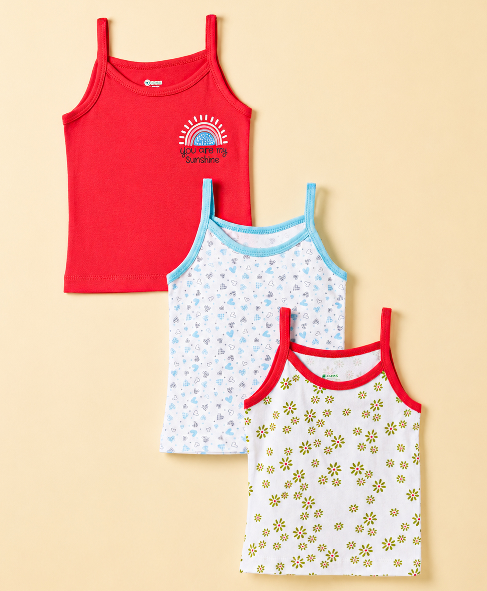 OHMS Single Jersey Knit Sleeveless Floral & Hearts Printed Slips Pack Of 3 - Red Light Blue & White-picture-20