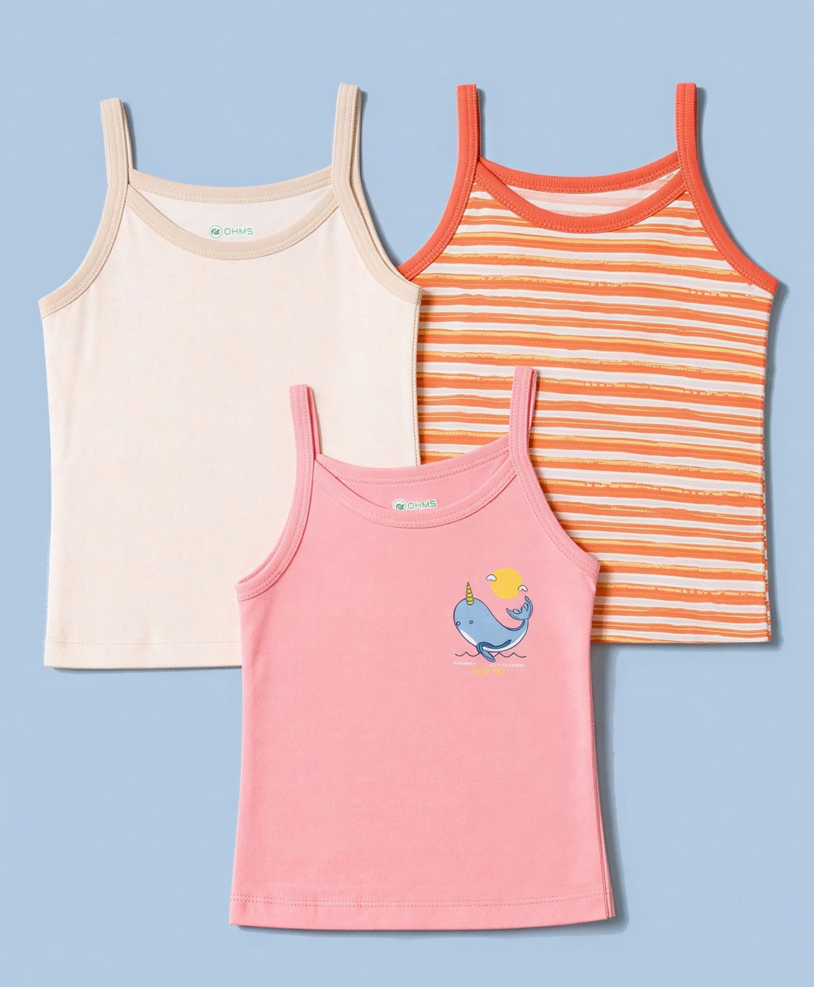OHMS Single Jersey Knit Sleeveless Striped & Sea Life Printed Slips Pack Of 3 - Orange & Pink-picture-21