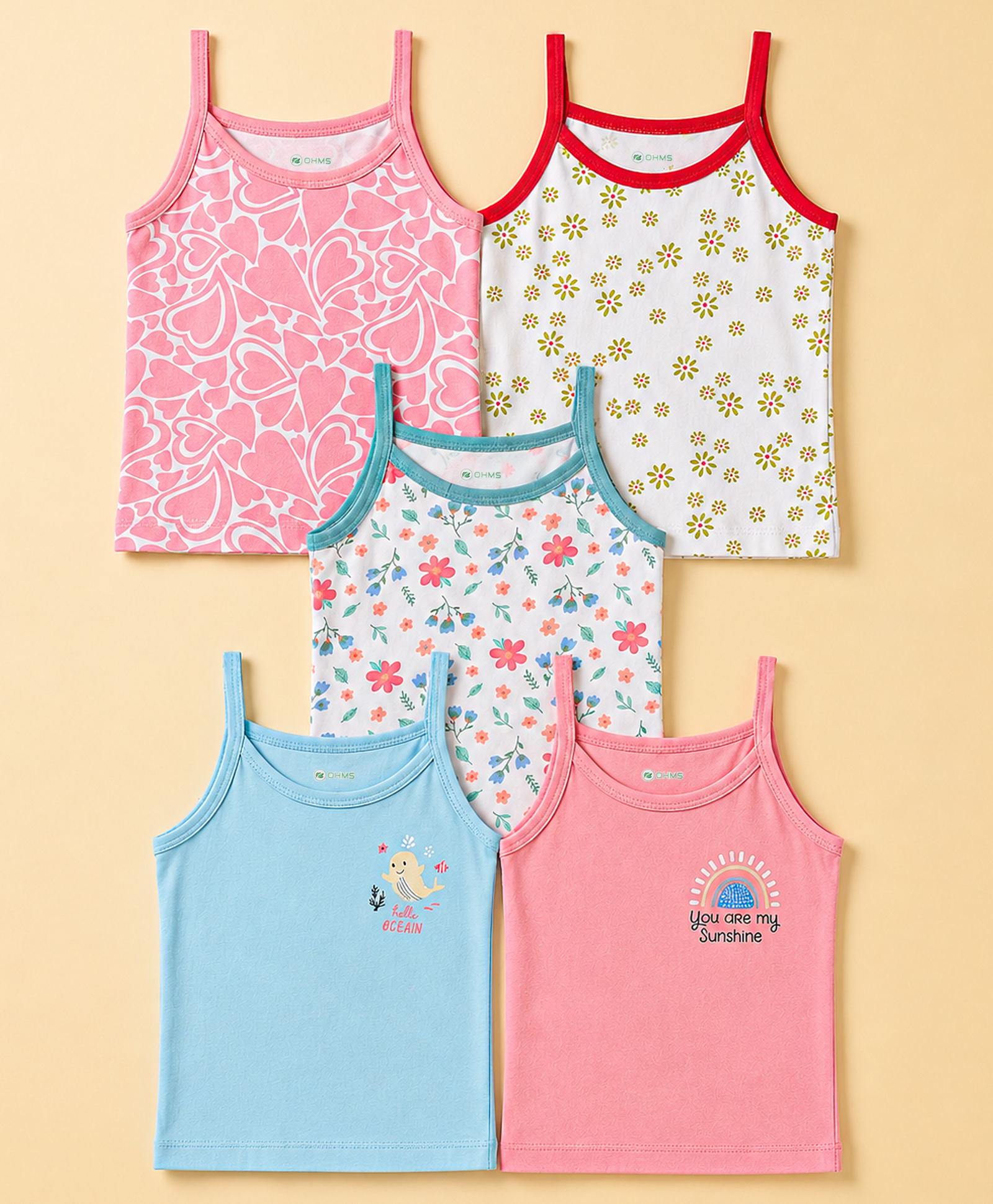 OHMS Single Jersey Knit Sleeveless Floral & Hearts Printed Slips Pack Of 5 - Light Blue Pink & White-picture-12