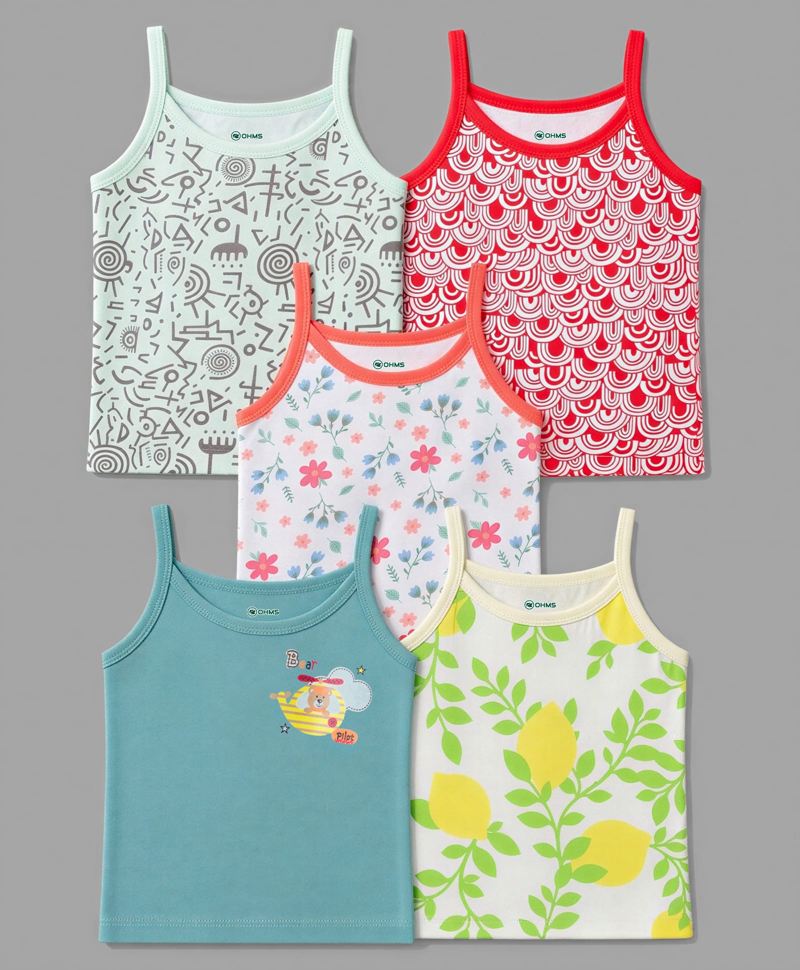 OHMS Single Jersey Knit Sleeveless Floral & Tropical Theme Printed Slips Pack Of 5 - Teal Blue Red & Light Green-picture-19