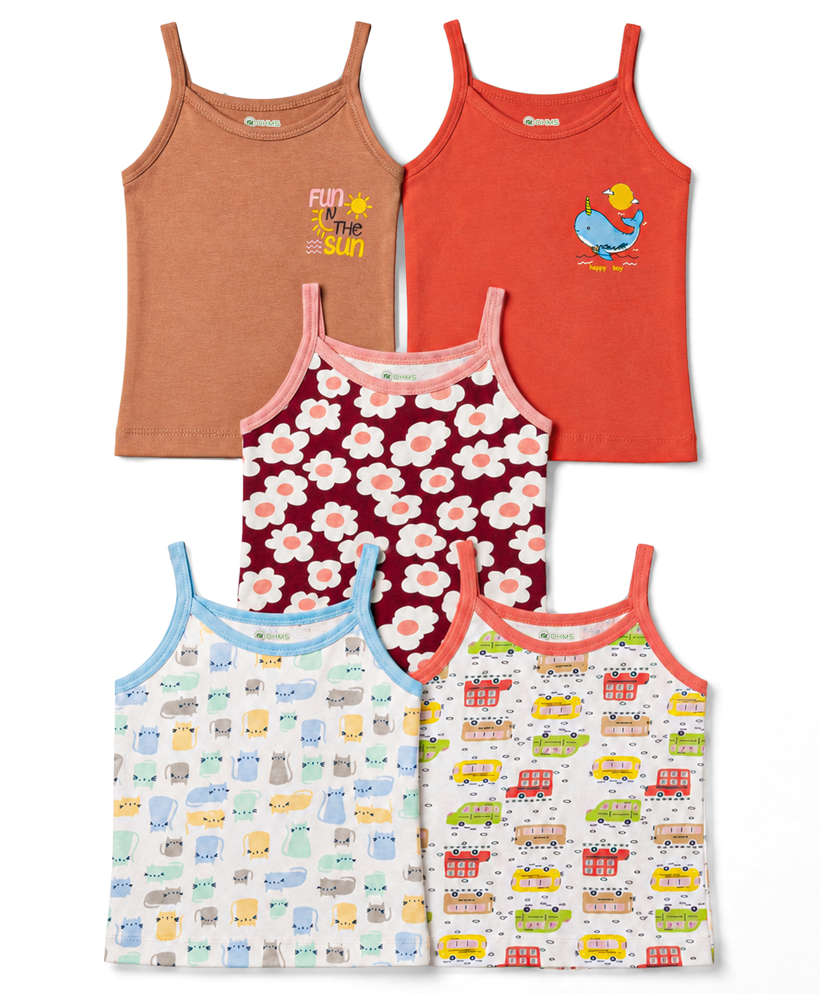 OHMS Single Jersey Knit Sleeveless Floral & Kitty Printed Slips Pack Of 5 - Red Light Blue & Brown-image-46