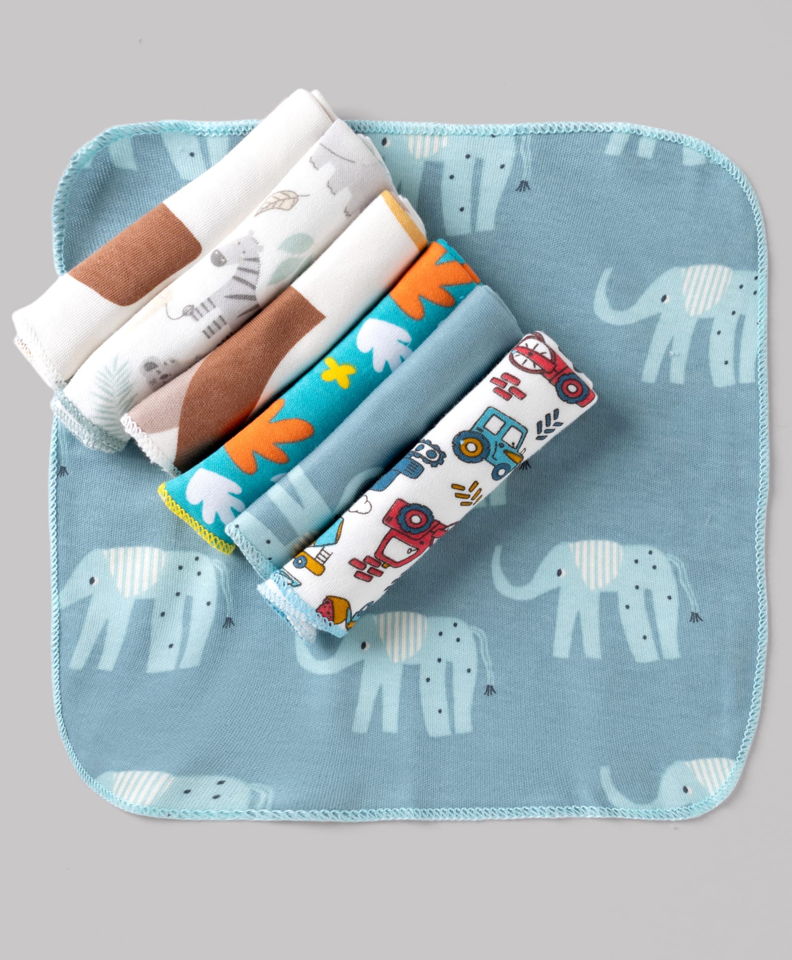 OHMS Interlock Knit Elephant & JCB Printed Hand & Face Towels Pack Of 7 L 22 x B 22 cm - White & Blue-image-29