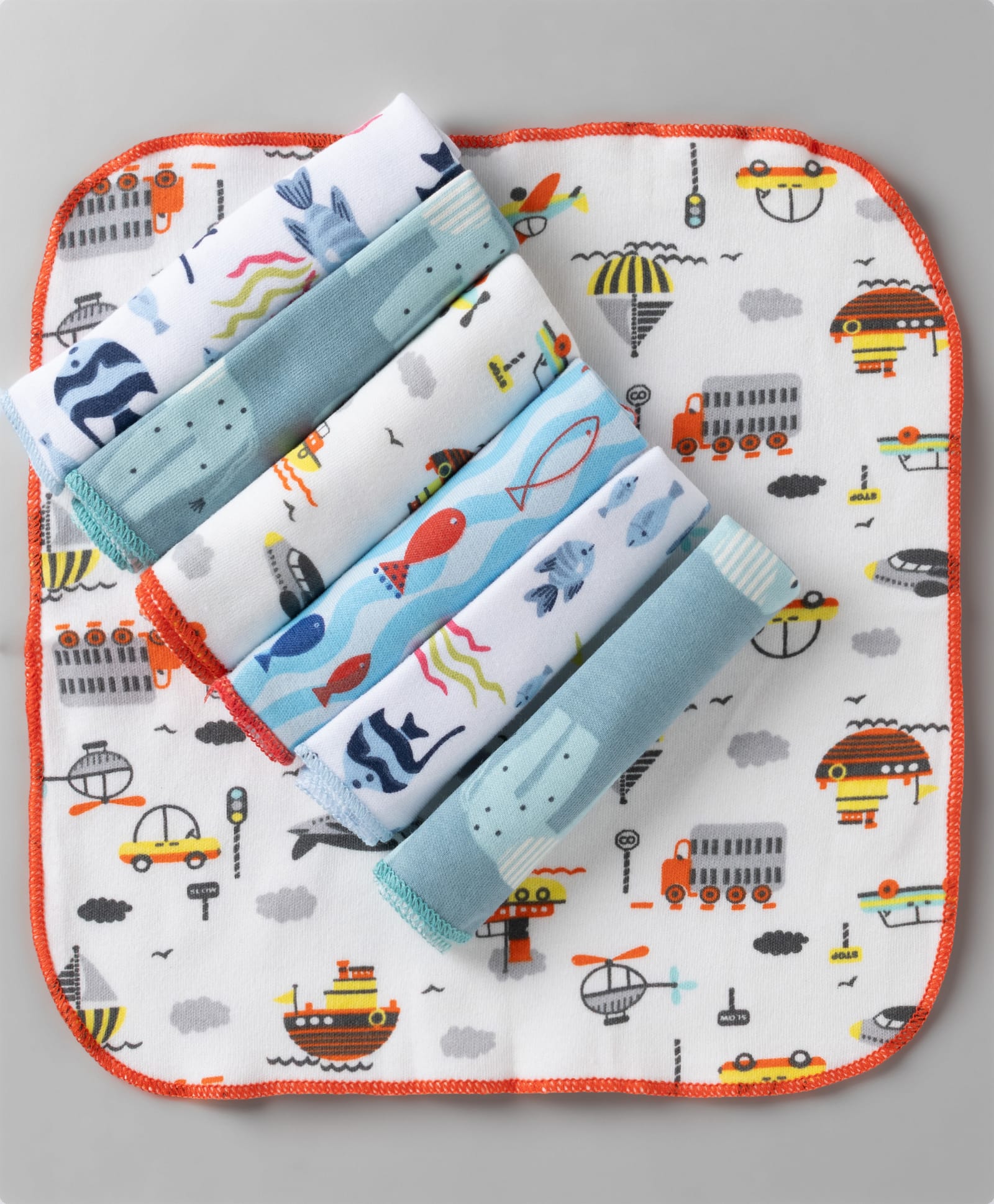 OHMS Interlock Knit Fish Boat & Fish Printed Hand & Face Towels Pack Of 7 L 21 x B 21 cm - White-image-49