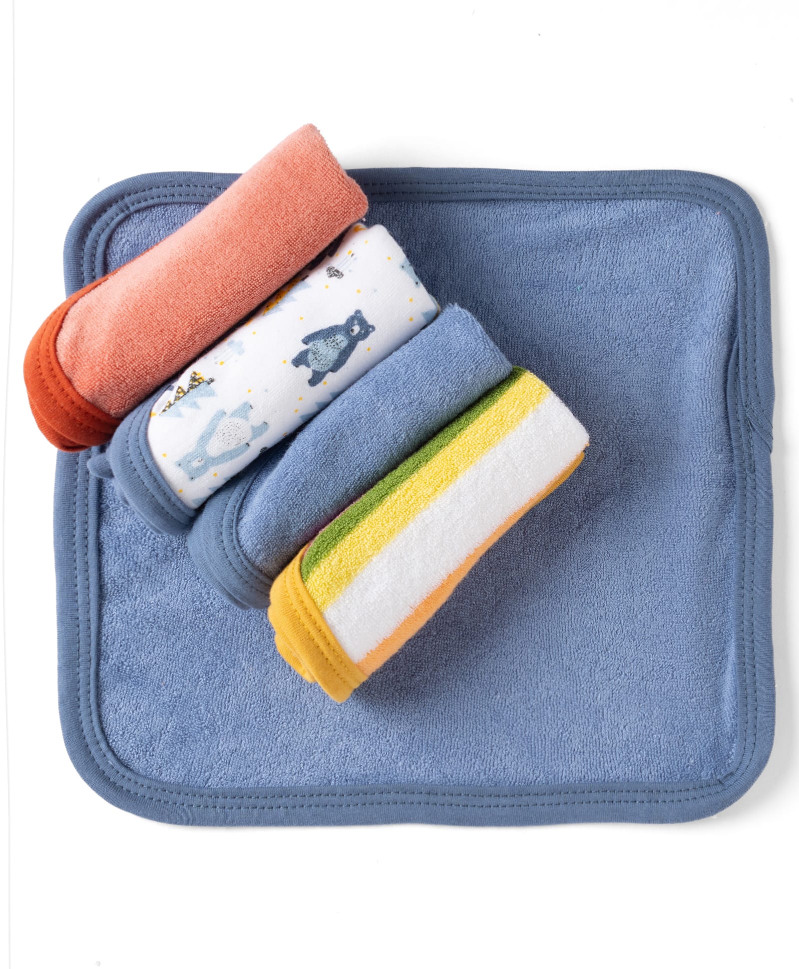 OHMS Terry Knit Striped & Bear Printed Hand & Face Towels Pack Of 5 L 22 x B 23 cm- Blue Red & Yellow-image-30