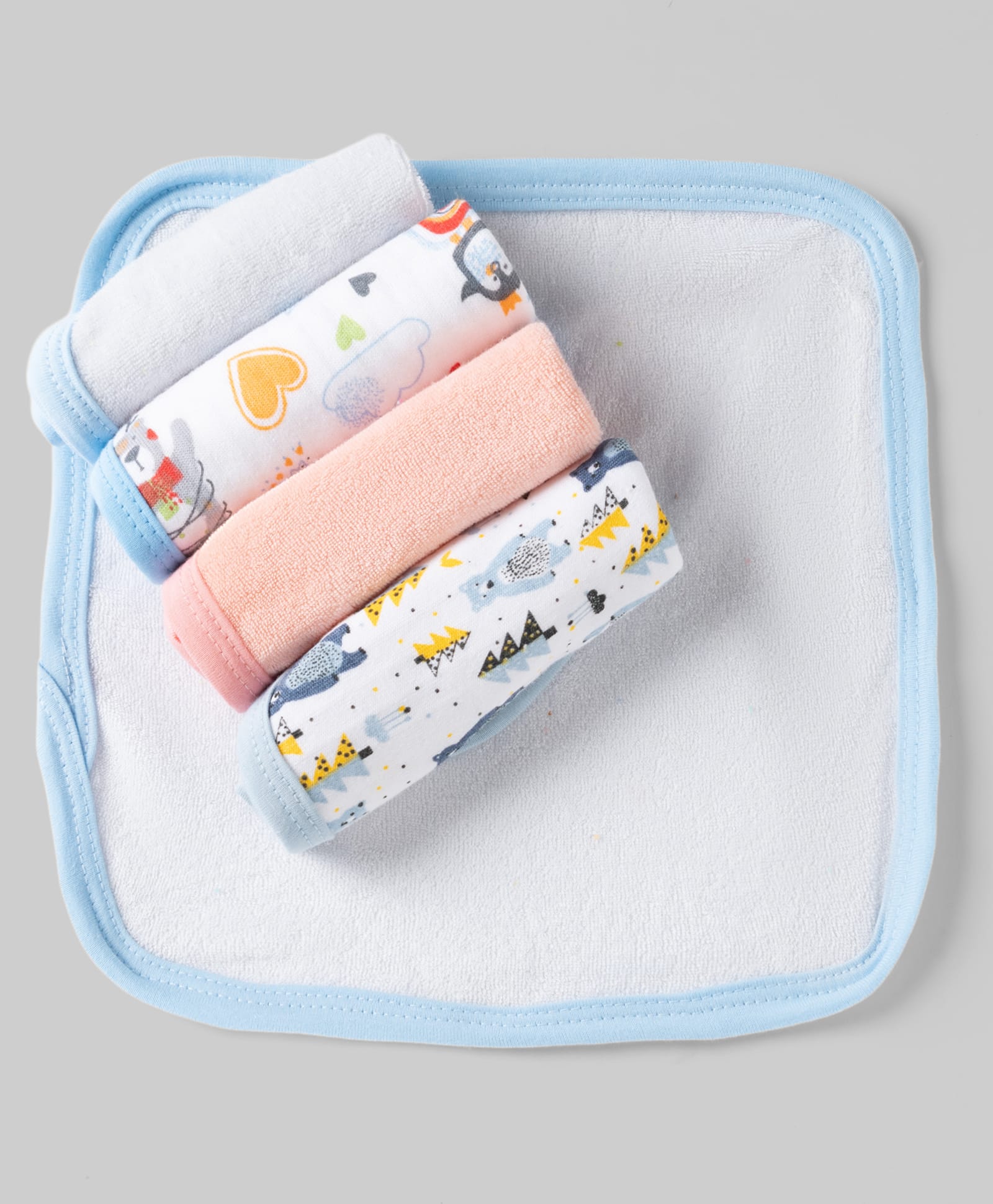 OHMS Terry Knit Bear & Heart Printed Hand & Face Towels Pack Of 5 L 23 x B 23 cm - White-image-20