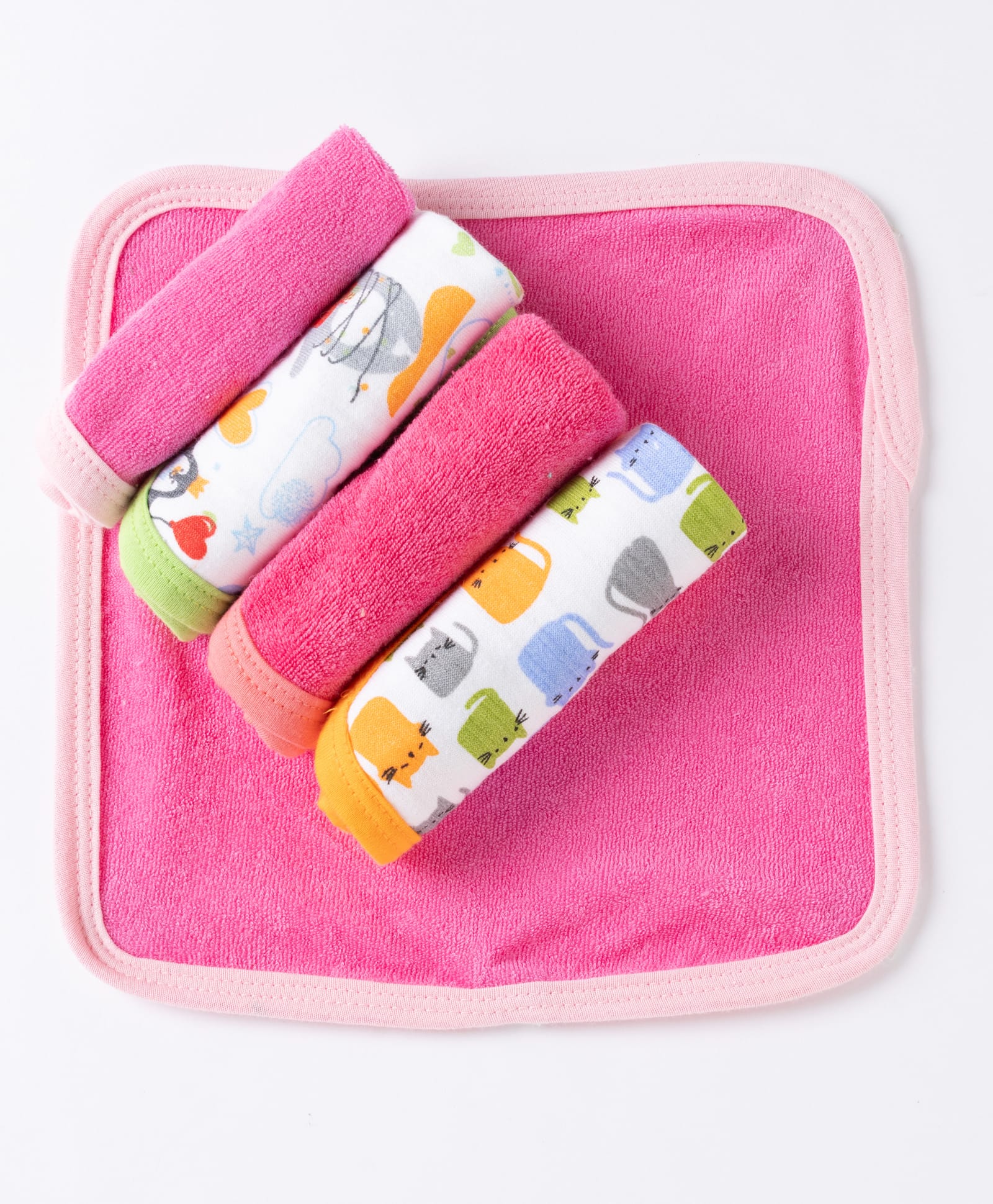 OHMS Terry Knit Bear & Kitten Printed Hand & Face Towels Pack Of 5 L 23 x B 23 cm -Pink & White-image-17
