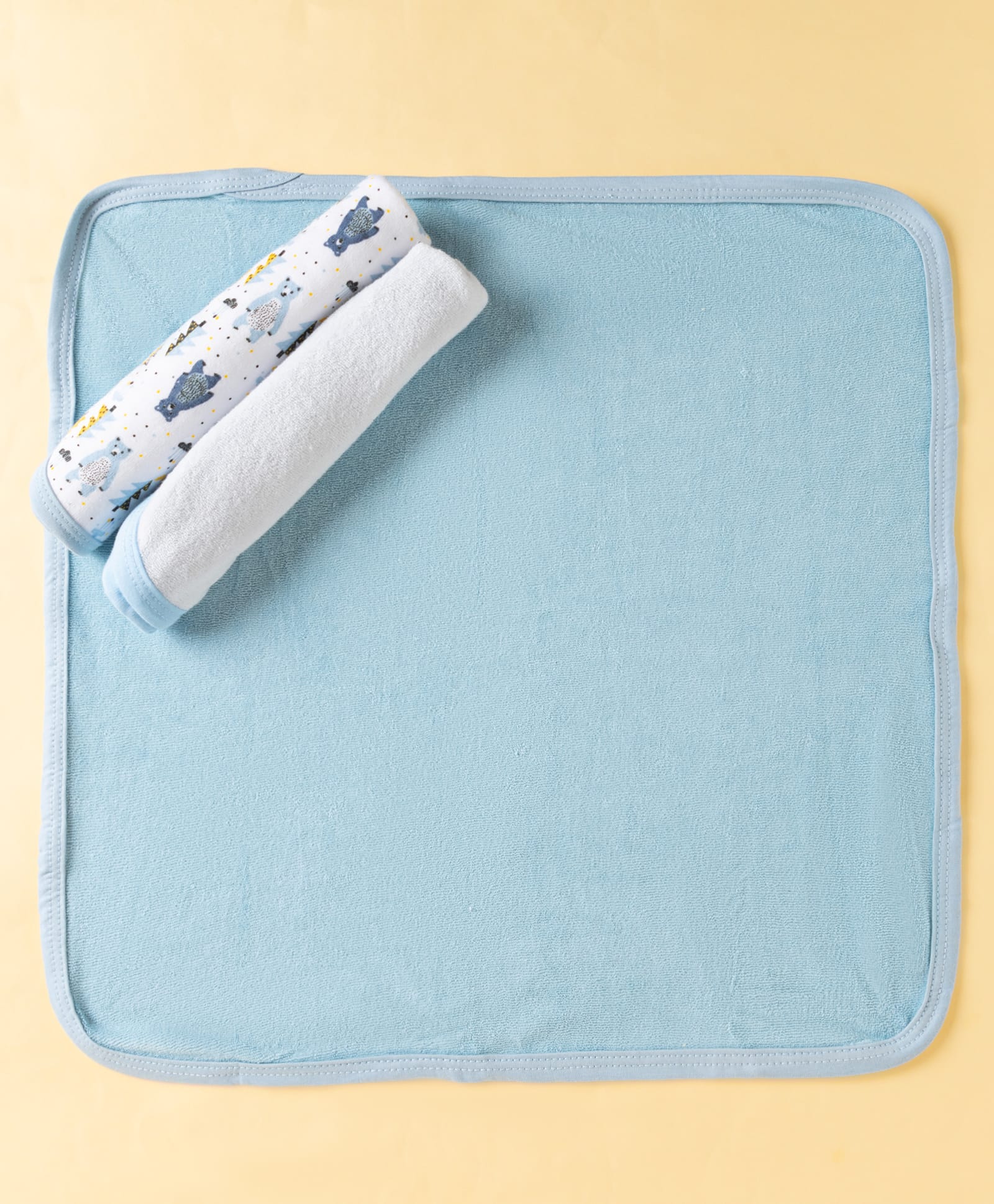 OHMS Terry Knit Solid & Bear Printed Hand & Face Towels Pack Of 3 L 40 x B 39 cm - Light Blue & White-image-36