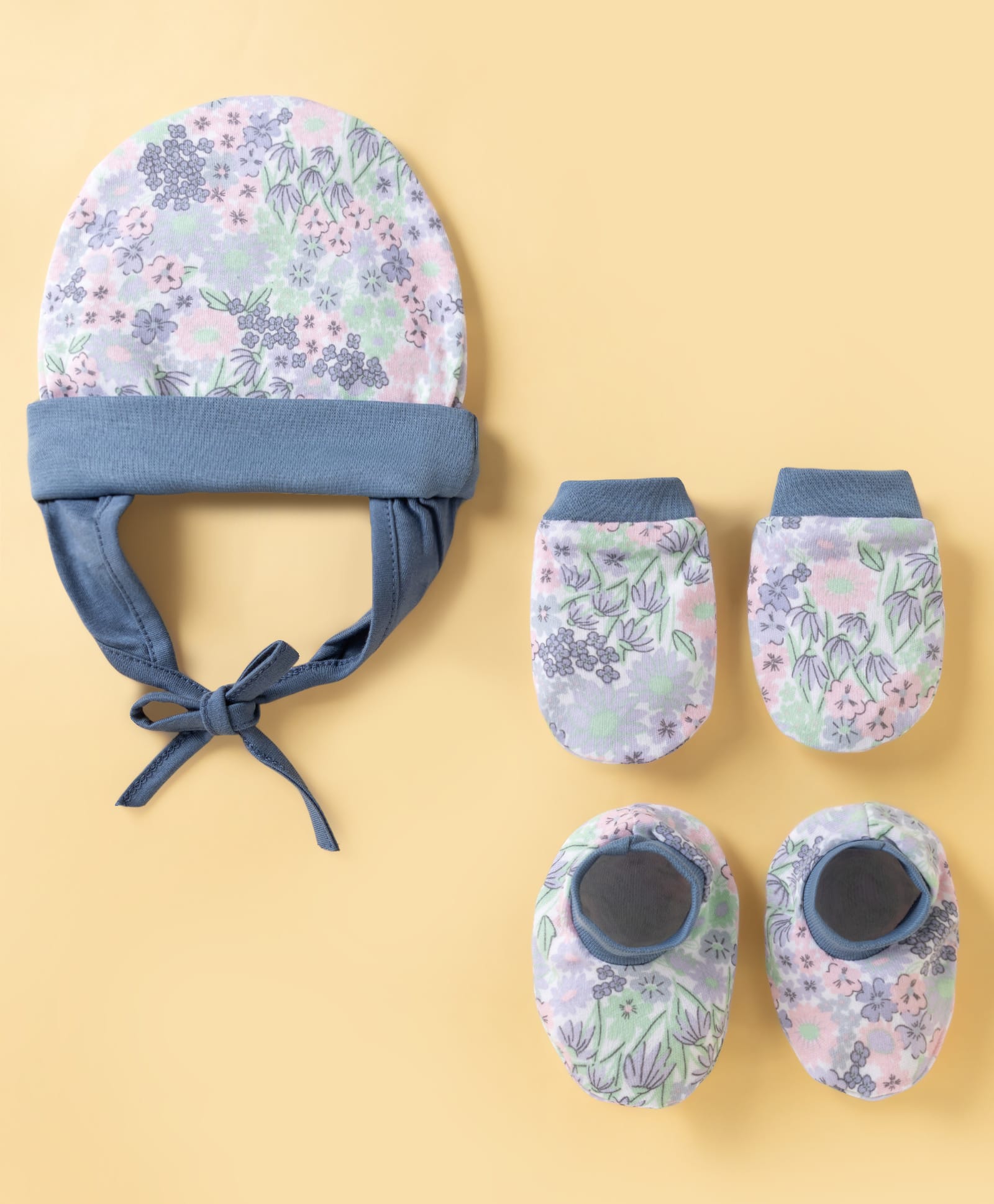 OHMS Interlock Knit Cap Mittens and Booties Floral Print Blue- Diameter 12 cm-image-12