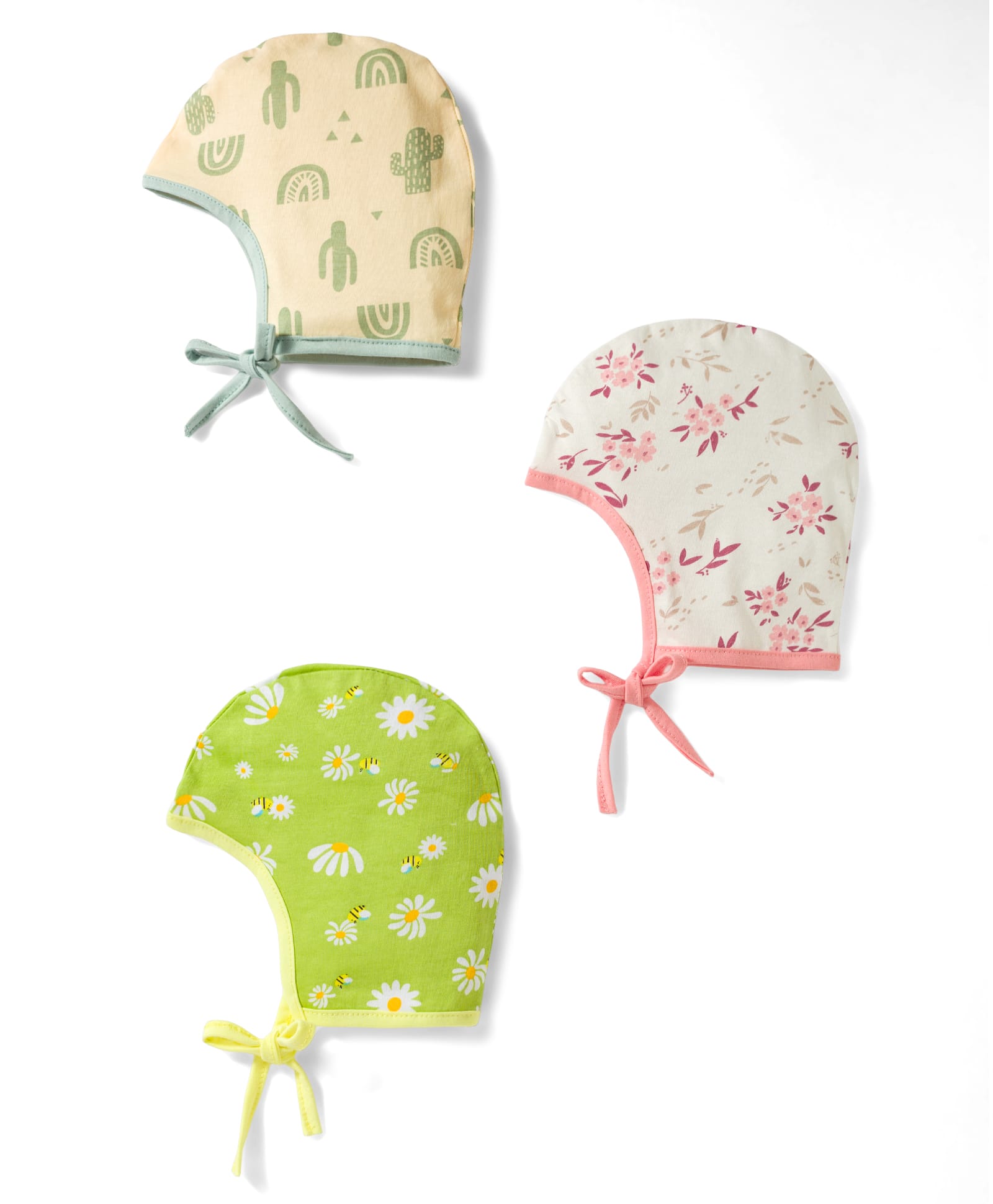 OHMS Single Jersey Knit Floral Printed Baby Caps White & Neon Green Pack of 3-Diameter 9.5 cm-image-1