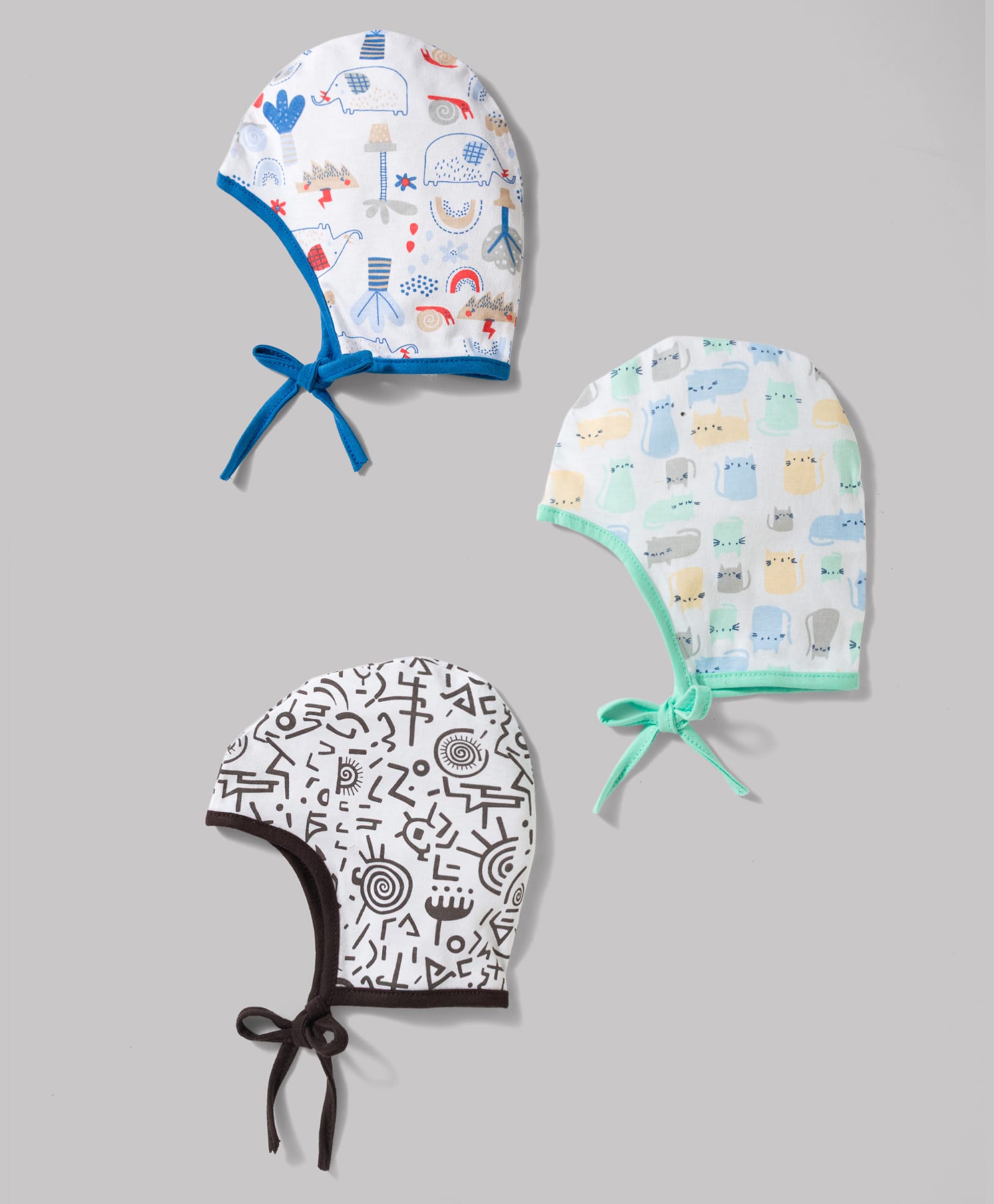 OHMS Single Jersey Knit Animals Printed Baby Caps White Pack of 3-Diameter 9 cm-picture-17