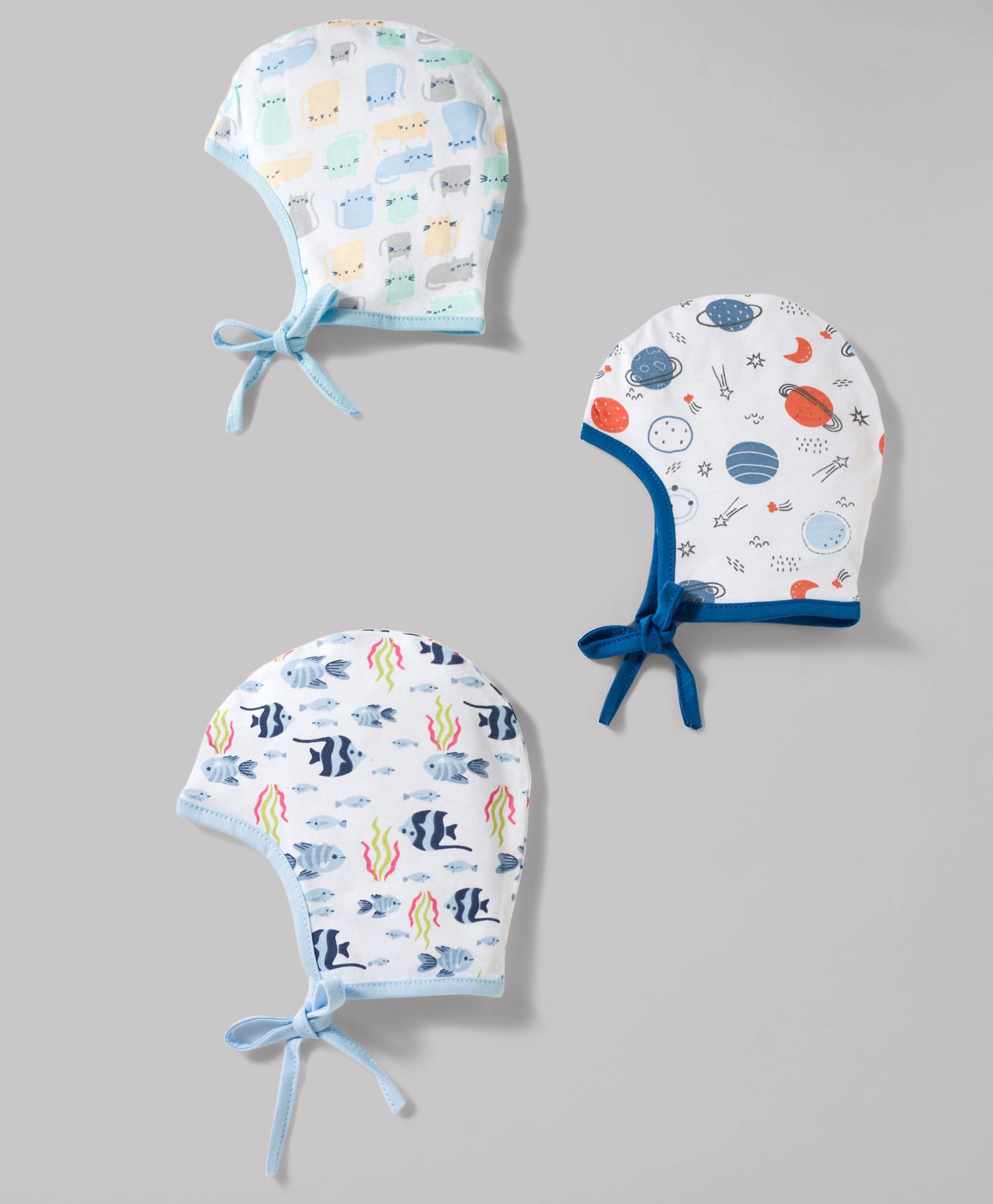 OHMS Single Jersey Knit Animals & Space Printed Baby Caps White Pack of 3-Diameter 9.5 cm-picture-18