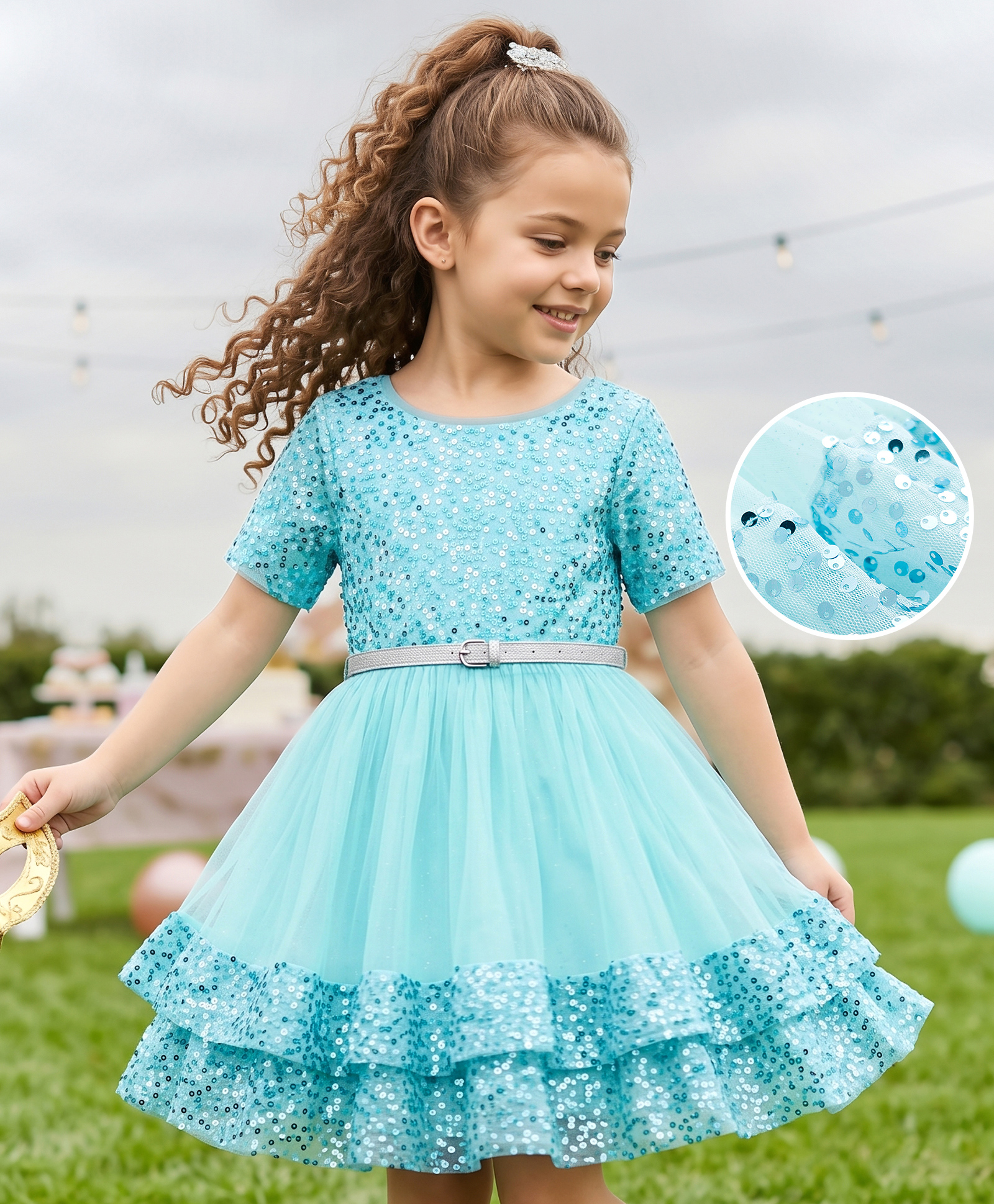 Hola Bonita Knit Half Sleeves Sequinned Party Dress with Mesh & Belt - Light Blue-picture-12