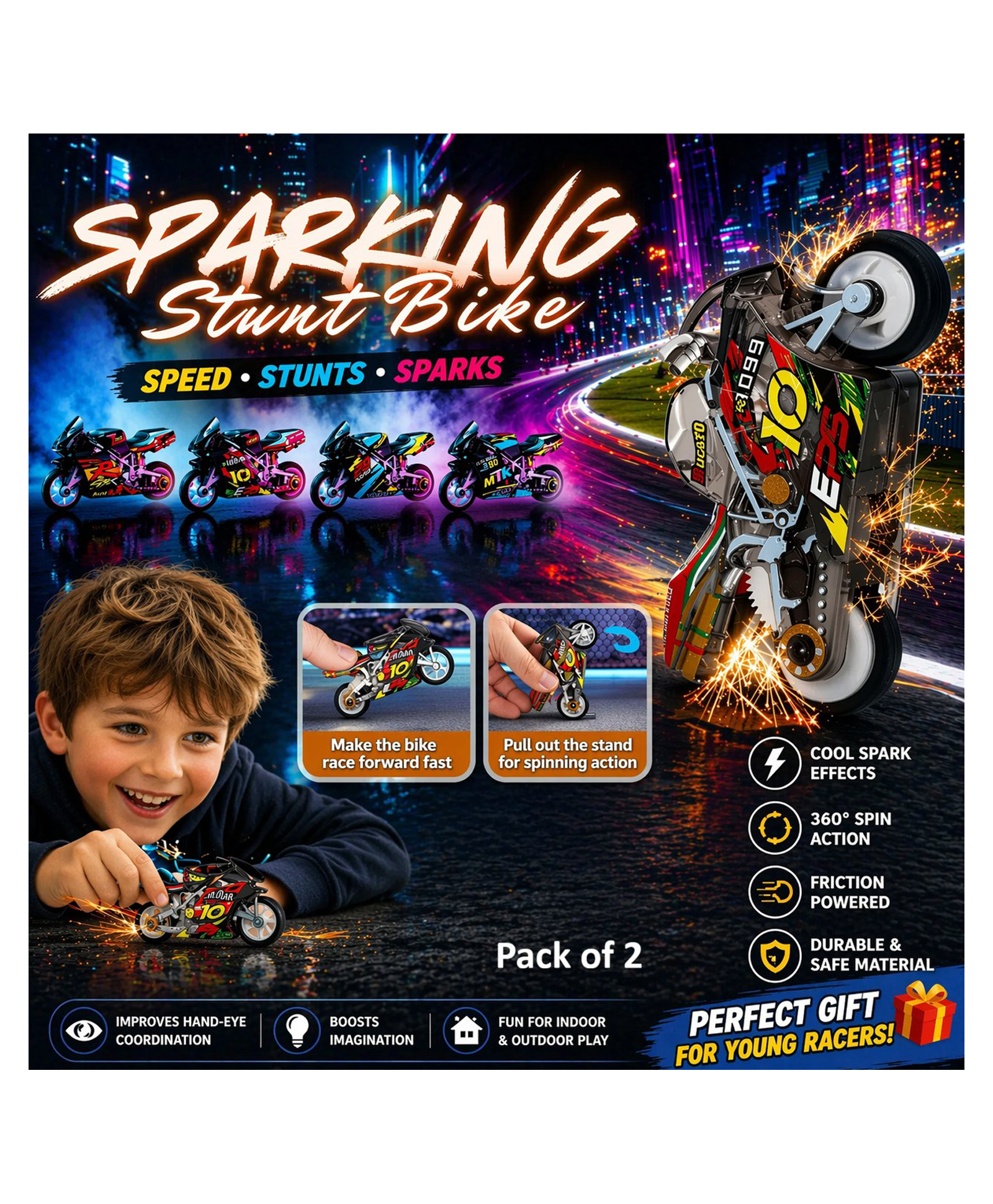 Sanjary Pack of 2 Spark Lighting Stunt Racing Motorcycle Toy Wheelie Action Bike Friction Powered Fast Racing Spin Trick Toy for Kids Boys Fun Gift Playset bike - Color design may vary-picture-16