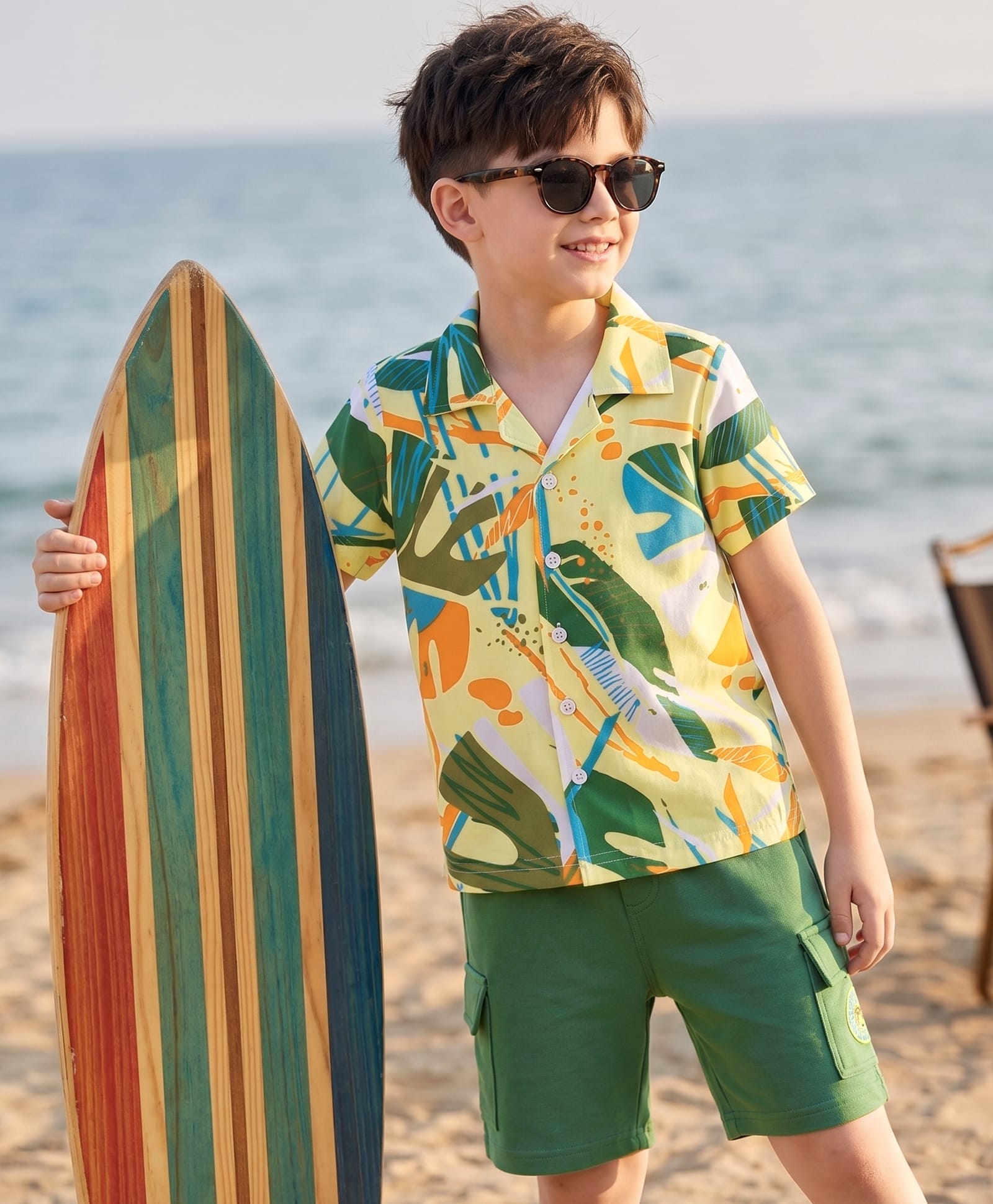 Ollington St. Sinker Cotton Knit Printed Half Sleeve Shirt & Shorts Set -Off White & Olive-picture-11