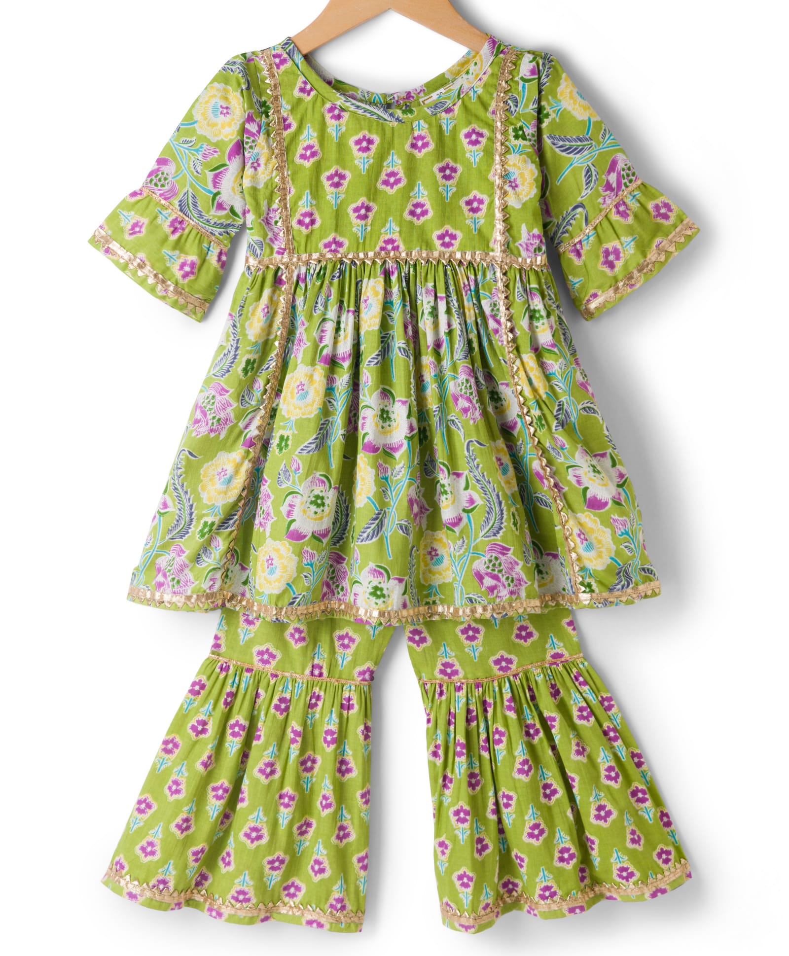 Teentaare Cotton Woven Three Fourth Sleeves Floral Printed & Zari Work Kurta & Gharara Set - Green-picture-17