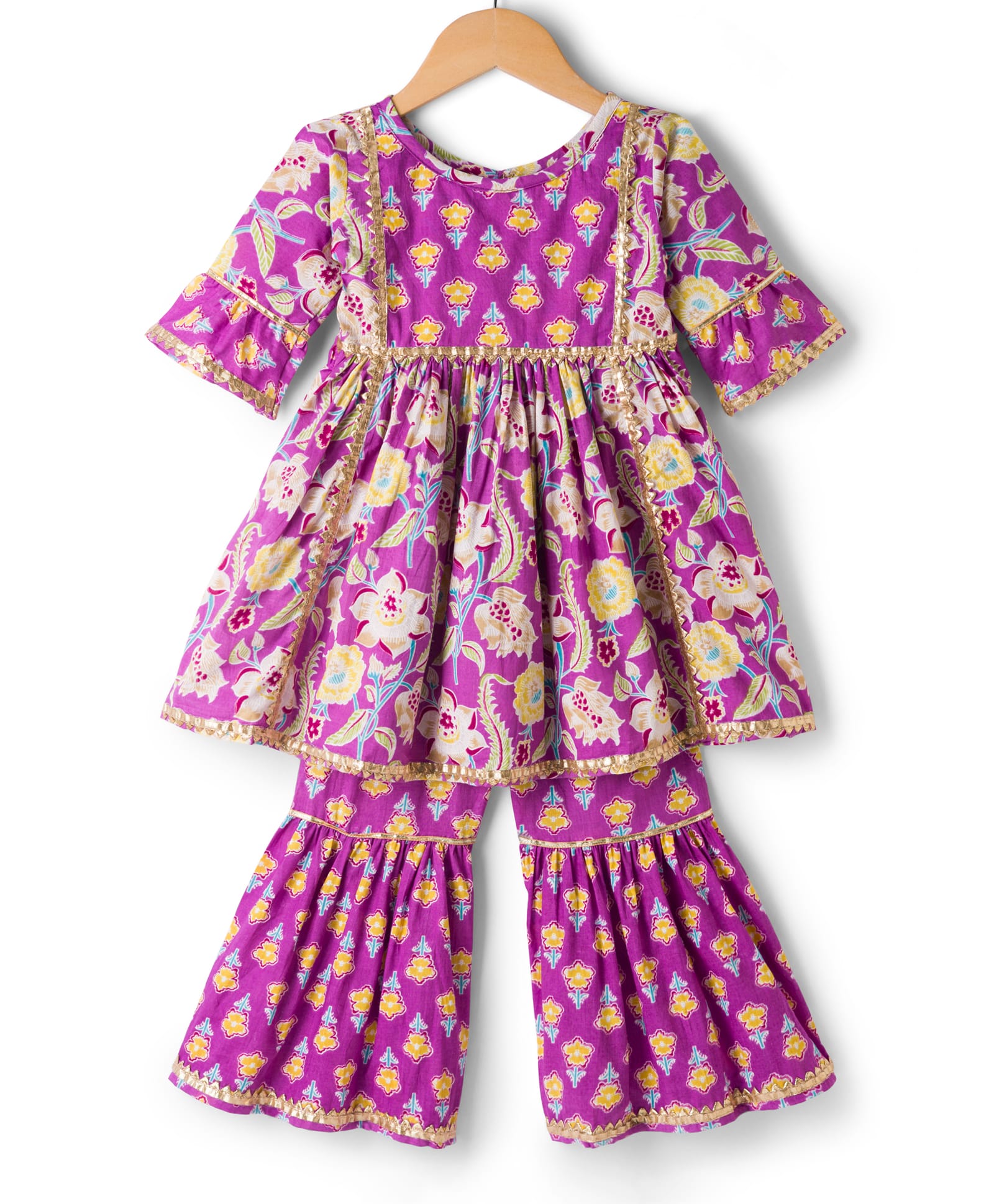 Teentaare Cotton Woven Three Fourth Sleeves Floral Printed & Zari Work Kurta & Gharara Set - Purple-picture-16
