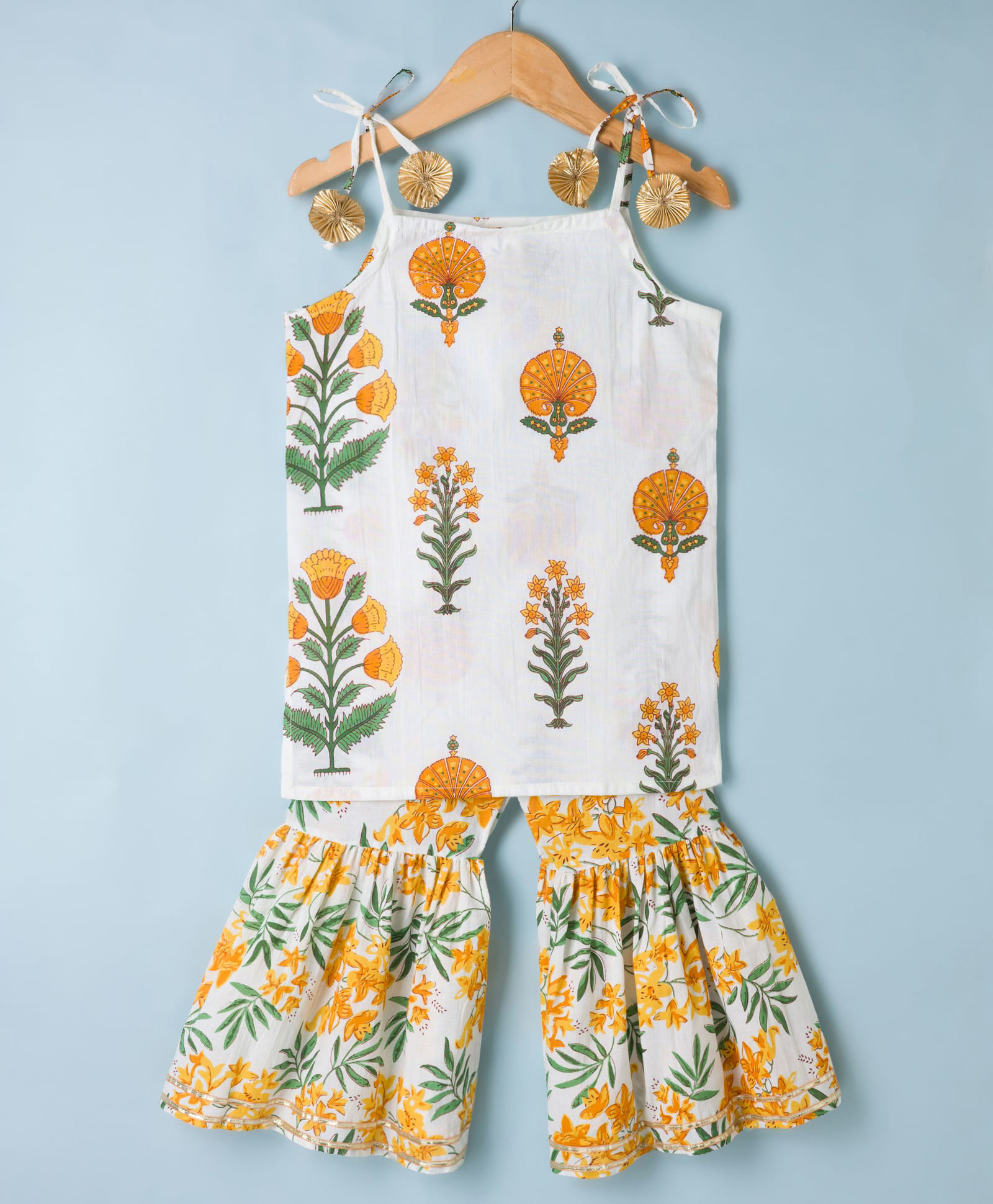 Teentaare Cotton Woven Sleeveless Floral Printed Kurti & Gharara Set - Yellow-image-24
