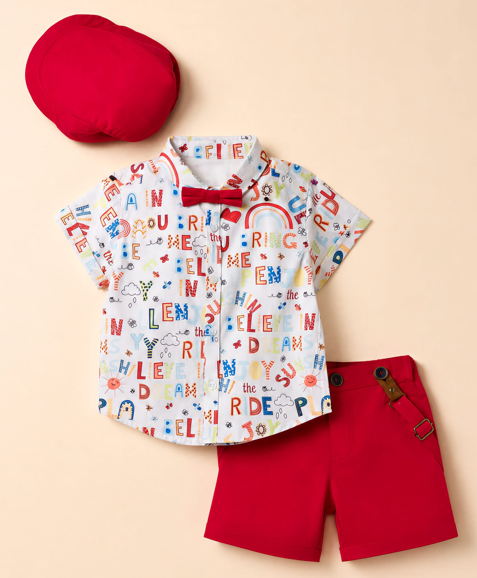 ToffyHouse Poplin Woven Half Sleeves Rainbow Printed Party Shirt & Shorts Set with Bow & Suspender - Red-picture-24